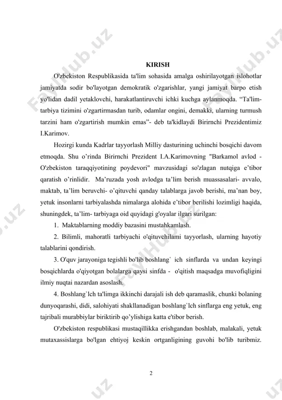 sh maqsadga muvofiqligini ilmiy nuqtai nazardan asoslash. 4. boshlang`lch ta'limga ikkinchi darajali ish deb qaramaslik, chunki bolaning dunyoqarashi, didi, salohiyati shakllanadigan boshlang`lch sinflarga eng yetuk, eng tajribali murabbiylar biriktirib qo’ylishiga katta e'tibor berish. o'zbekiston respublikasi mustaqillikka erishgandan boshlab, malakali, yetuk mutaxassislarga bo'lgan ehtiyoj keskin ortganligining guvohi bo'lib turibmiz. maktabdan boshlab mustaqil fikrlovchi yigit- qizlarni tarbiyalash shu kunning dolzarb vazifalaridan biridir. yosh avlod ma'lum bilimlar yig'indisini bilibgina qolmay, mustaqil davlat quruvchiga xos ma'naviyat va ma'rifat egasi bo'lib, o'zining mehnatga munosabati va xulq atvori hammaga havas qildiradigan bo'lishi kerak. bizning mamlakatda o'qituvchiga, yosh avlodni tarbiyasiga katta imtiyozlar berilmoqda. shu sababli oliy ta'lim oldida, birinchidan talabalar jamoasiga bilimli, ma'naviyatli hamda o'zbek millatiga xos tafakkurga ega bo'lgan yoshlar qabul qilish, ularni bilim bilan qurollantirish va yuqori ma'noda buyuk inson darajasiga yetkazish kerakdir. buni bajarishda fan o'qituvchilari xizmati kattadir. o'qituvchi- mukammal shakllangan kimyo fani bo'yicha mutaxassis bo'lishi kerak. u kimyo fani, kimyoviy bilimlar va amaliy …