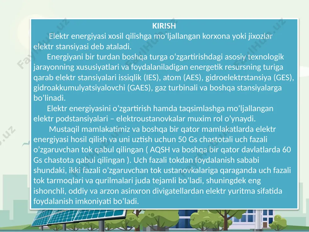 lektr stansiyalarining belgilangan quvvati 12,5 mln. kbt. buning asosiy ulushini kompaniyaning tabiiy gaz va ko’mirda ishlaydigan issiqlik elektr stansiyalari egallaydi. qolgan quvvatlar kichik va o’rta geslar tomonidan ta’minlanadi. 0,4-500 kv kuchlanishli elektr tarmoqlarining umumiy uzunligi 243 ming km dan oshadi, foydalanishdagi 35 kv va undan yuqori kuchlanishli stansiyalar soni 1673 ta bo’lib, ularning umumiy transformator quvvati 40 mln. kvt dan oshadi, shuningdek, bugungi kunda 6-10 kv kuchlanishli 67574 ta transformator punktlari ishlab turibti. ularning umumiy quvvati taxminan 22,5 mln. kvt. issiqlik elektr stansiyasi – barqaror energiya manbai prezidentimizning mamlakatimizni 2014-yilda ijtimoiy-iqtisodiy rivojlantirish yakunlari va 2015-yilga mo‘ljallangan iqtisodiy dasturning eng muhim ustuvor yo‘nalishlariga bag‘ishlangan vazirlar mahkamasining majlisidagi ma’ruzasida elektr ta’minoti tarmoqlariga ulanishda yangicha tamoyillar tobora kengayib borayotgani va iqtisodiyotni yanada rivojlantirish uchun hali ishga solinmagan ko‘plab imkoniyatlar mavjudligi alohida ta’kidlandi. iqtisodiyot tarmoqlarining rivojlanishi, aholi ijtimoiy hayotining yanada yaxshilanib borishi yoqilg‘i-energetika resurslariga bo‘lgan talabni oshirmoqda. mutaxassislarning ta’kidlashicha, ishlab chiqarish kuchlarining imkoniyatlarini yanada …