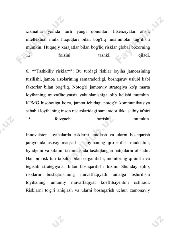a qiymatining 5% dan ortiq zarar ko'rish ehtimoli mavjud. 2. **texnologik tavakkalchilik**: innovatsion loyihalarda texnologik tavakkalchilik ko'pincha yangi texnologiyaning muvaffaqiyatsizligi bilan bog'liq bo'ladi. `trl (technology readiness level)` koʻrsatkichi yangi texnologiyaning qanchalik tayyor ekanligini baholash uchun qo'llaniladi. masalan, trl darajalari 1 dan 9 gacha bo'lib, daraja qanchalik yuqori bo'lsa, texnologiya shunchalik tayyorlashtirilgan hisoblanadi. loyiha muvaffaqiyatsizligini baholashda 1-3 darajali trl loyihalarida yuqori tavakkalchilik mavjud bo'lishi mumkin. 3. **bozor tavakkalchiligi**: bozor tavakkalchiligini baholash uchun `beta koeffitsienti` keng qoʻllaniladi. bu koeffitsient—loyiha narxining umuman bozordagi o'zgarishlariga qanchalik ta'sir qilishini koʻrsatadi. agar beta koeffitsienti 1 dan katta bo'lsa, loyiha bozor tavakkalchiligi yuqoriligini ko'rsatadi. 4. **raqobat tavakkalchiligi**: raqobatli muhitda loyihaning muvaffaqiyati raqobatning intesivligi bilan bog'liq bo'ladi. masalan, `porter besh kuchi tahlili` raqobat tavakkalchiligini baholash usullaridan biri hisoblanadi va u bozordagi boshqa raqiblar, yangi kiruvchi ishtirokchilar, o'rnini bosuvchi mahsulotlar va mijozlar pozitsiyasini o'z ichiga oladi. 5. **statistik modellashtirish**: `monte-karlo simulyatsiyasi` kabi statistik modellardan foydalanish loyihaning turli xil tavakkalchilik …