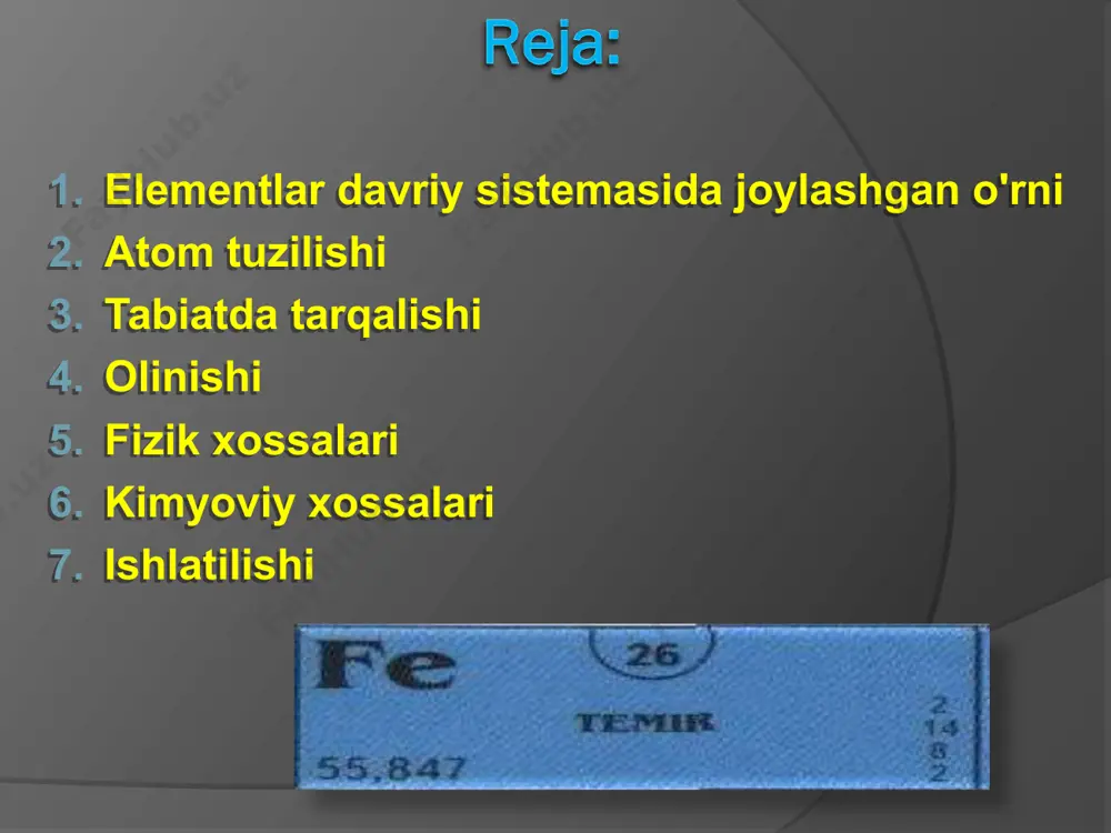 ashmasini-temir kuyindisini hosil qiladi: 3fe + 2o2 -> fe3o4 yoki feo-fe2o3 temir qizdirilganda xlor, oltingugurt, uglerod, azot bilan reaksiyaga kirishadi: 2fe + n2 — 2fen temir (il)-nitrid fe + s — fes temir (il)-sulfid 3fe + c - fe3c temir karbid 2fe + 3cl2 - 2fecl3 temir (iii)-xlorid cho'g'langan temir suv bug'i bilan ta'sirlashadi, natijada temir kuyindisi va vodorod hosil bo'ladi, lekin bu reaksiya qaytar reaksiya hisoblanadi: 3fe + 4h2o = fe3o4 + 4h2 nam havo va suvda temir korroziyaga uchraydi, yemiriladi, zanglaydi. temir boshqa metallar orasida inson uchun eng katta ahamiyatga ega metalldir. zamonaviy texnikaning barcha sohalari temir va uning qotishmalari bilan chambarchas bog'liq. amaliyotda toza temirdan kamroq, lekin uning qotishmalari bo'lib hisoblanadigan - po'lat va cho'yandan juda keng miqyosda foydalaniladi. ularning ahamiyati shu darajada kattaki, ular alohida - qora metallar deb, boshqa metallardan ajratilgan. po'lat va cho'yan bilan esa keyingi mavzuda tanishamiz. e'tiboringiz uchun raxmat