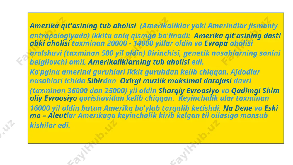 ttirish uchun ular bering bo'g'ozi orqali muzni kesib o'tdilar. o'n bir ming yil oldin ular janubiy amerikaning janubiy uchiga yetib kelishdi. yuqori darajadagi madaniyatlar amerikaning markaziy qismida (hozirgi paytda asosan zamonaviy meksika va gvatemalada), shuningdek, and tog'larining markaziy qismida rivojlangan (hozirgi peru va boliviyaning plato mintaqasi bu erda joylashgan). qadimgi amerika sivilizatsiyalari davlati va huquqi tarixi odatda quyidagi toifalarga bo'linadi:-mesoamerikaning qadimiy sivilizatsiyalari va janubiy amerikaning qadimgi davlatlari mayalar oldlassik davr (miloddan avvalgi 2000 yil - mil. 250 yil) mayyaliklar tomonidan qurilgan dastlabki aholi manzilgohlar miloddan avvalgi 2600 yillarda belizda tashkil topgan. sakkiz yuz yil o'tgach, ular tinch okeanining qirg'og'iga, xususan, sokonusko mintaqasiga etib kelishdi. ushbu bosqichda ular allaqachon qishloq xo'jaligi faqat loviya, chili yoki makkajo'xori etishtirish bilan shug`ullangan. boshqa mezoamerikalik madaniyatlardan farqli o'laroq, maylar unitar davlat yaratmagan, aksincha o'zlarining mustaqilligi bilan shahar-davlatlarni tashkil etgan. shohlarning qonuniyligi dindan kelib chiqqan, chunki ular jamiyatdagi ilohiy shaxslar deb hisoblanib, ular sinfiy xarakterga ega …