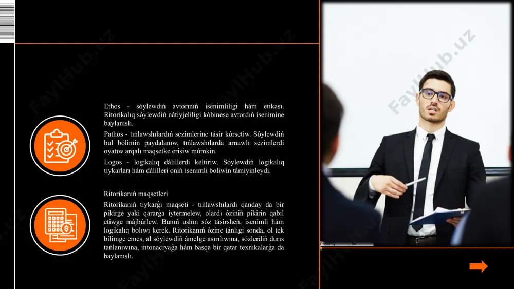 ı. ritorika - bul sóz óneri bolip, oniń tiykarģı maqseti pikirdi duris, isenimli hám tásirsheń usılda jetkeriw. ritorika tek ǵana sóylewdiń duris dúziliwin emes, al oniń tıńlawshılar tárepinen qalay qabil etiliwin úyrenedi. ritorika óziniń tariyxıy rawajlanıwında kóplegen ózgerislerge ushıraǵan bolsa da, onıń tiykarǵı principleri házirgi kúnde de áhmiyetli. sóylew hám qarım-qatnastıń nátiyjeliligin arttırıw ushın ritorika tiykarların úyreniw hám qollanıw áhmietli. ritorika eń dáslep insandaǵı bar qábilet hám talanttı qáliplestiriwge qaratılǵan taraw. ritorika sheshenniń talantı, qábileti hám de talantın úyreniwshi ilim bolsa, sóylew mádeniyatı ádebiy til hám onıń normaların úyreniwshi ilim.ritorika quramalı óner bolıp, onı iyelew adamnan qunt hám shıdamlılıq, sheberlik hám bilimlilikti talap etedi tájiriybe talap etedi. haqıyqıy sóylew úlken sheberlik hám puqta tayarlanıwdıń jemisi.ápiwayı, mádeniy hám sawatlı sóylewdi úyrengen sheshen, sheshenlik ónerin iyelewge birinshi qádemdi qoyǵan esaplanadı. paydalanilǵan ádebiyatlar. 1.aristotel - ritorikaaristotelning bu asari ritorika fanining asoslarini, uning maqsadlarini va tarkibini tushuntiradi. 2.cicero - de oratore (nutq so'rovchisi haqida) …