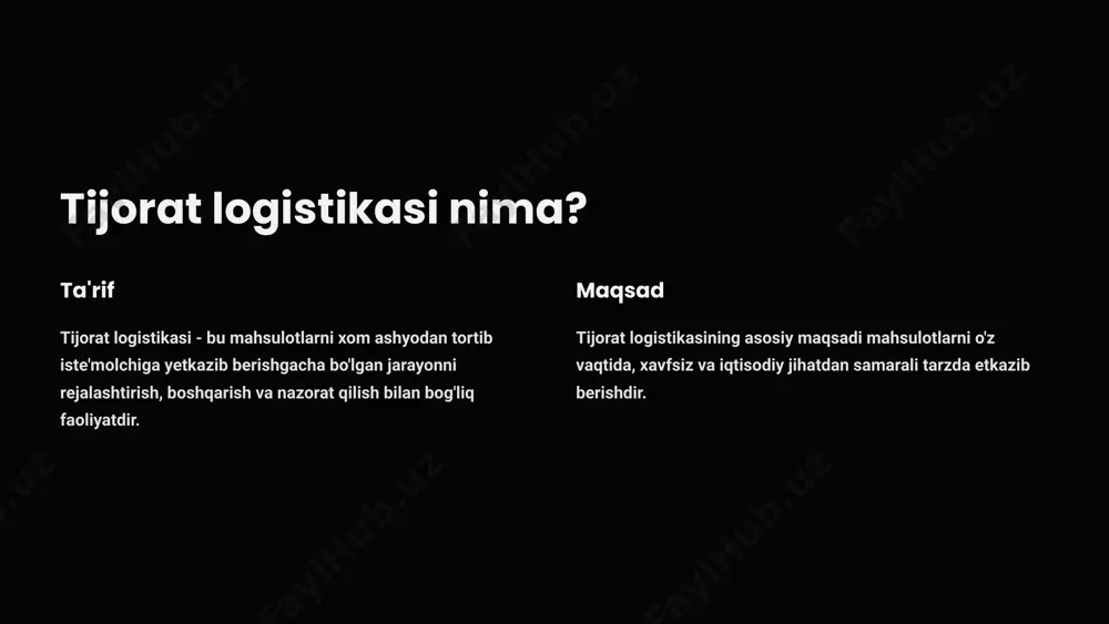 elgilangan manzillarga etkazib berish. 4 yuk tushirish mahsulotlarni transport vositalaridan tushirish va omborga joylashtirish. taqsimlash logistikasi omborga joylash mahsulotlarni omborlarda xavfsiz va samarali saqlash. boshqarish omborga joylashtirilgan mahsulotlarni inventarizatsiya qilish va kuzatish. yuklash mahsulotlarni mijozlarga yetkazib berish uchun yuk mashinalariga yuklash. yetkazib berish mahsulotlarni mijozlarga yetkazib berish. omborga joylash logistikasi joylashtirish mahsulotlarni to'g'ri va xavfsiz joylashtirish. boshqarish inventarizatsiya qilish, mahsulotlarni kuzatish. xavfsizlik omborlarni yong'in, o'g'rilikdan himoya qilish. ombor saqlaydigan mahsulotlarning boshqarilishi inventarizatsiya mahsulotlar sonini aniqlash va qayd etish. joylashtirish mahsulotlarni omborda to'g'ri joylashtirish. boshqarish mahsulotlarning harakatini kuzatish. xavfsizlik mahsulotlarni shikastlanishdan himoya qilish. etkazib berish ketma-ketligini rejalashtirish 1 rejalashtirish etkazib berish yo'llarini tanlash, transport vositalari va haydovchilarni taqsimlash. 2 yuklash mahsulotlarni transport vositalariga to'g'ri va xavfsiz tarzda joylashtirish. 3 transport mahsulotlarni belgilangan manzillarga etkazib berish. 4 yuk tushirish mahsulotlarni transport vositalaridan tushirish va mijozlarga topshirish. e'tiboringiz uchun rahmat image1.png image2.png image3.png image4.png image5.png image6.png image7.png image8.png image9.png image10.png image11.png image12.png image13.png