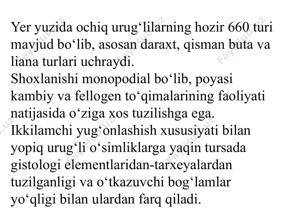 unlikka ega bo‘ladi. shunday qilib, ochiq urug‘lilar poporotniklarga nisbatan bir qancha belgilari bilan harakterlanadi. jumladan gametofit umuman mustakilligini yo‘qotgandir, ular sporafitdan hosil bo‘ladi. otalanish suvsiz muhitda ro‘y beradi.qarag‘ayda uch xil qubbalarni ko‘rish mumkin. 1.qizil mayda qubbalar changlanish ro‘y beradi. 2. yashil yirik qubbalarda otalanish ro‘y beradi. 3. jigarrang qubbalarda urug‘ hosil bo‘ladi. ochiq urug‘lilarda jinsiy jarayonni rus olimi professor i. n. gorojonkin (1880-y) o‘rgangan. 2. кипарисовые 3. ochiq urug‘lilarning xalq xo‘jaligidagi ahamiyati. ochiq urug‘lilar juda katta maydonlarda tayga o‘rmonlarini hosil qiladi. tayga o‘rmonlarida o‘ziga xos biosenoz hosil bo‘ladi. natijada turli hayvonlar, hashoratlar, qushlar turlarini oziqlanishi va ko‘payiishi uchun sharoit vujudga keladi. o‘rmonlar suv va tuproqni eroziyadan saqlaydi. qurilish materiali hisoblanadi. yog‘ochsozlik sanoatining xom ashyo bazasidir. 3. таксодиевые секвойя гигантская калифорния, сша кипарис вечнозеленый лидней арборетум, глостершир , англия,1996 г. ingichka barglilardan viskoza, ipak, sellyeoza, balzam, smola, spirt, uksus kislotasi, oshlovchi moddasi olinadi. sibir qarag‘ayi urug‘i tarkibida 79 % gacha yog‘ …