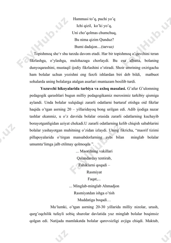 siday ko’ksovlanar, ko’p esiz!” –deyarsiz... ...haligacha maktab, o’qish unga yot… adib o’z asarlarida zararli odatlar inson tanasi uchun hech bir zarurat emasligini ta‘kidlaydi. jumladan, spirtli ichimliklar, ko’knor, tamaki, nos, nasha, qora dori iste‘mol qilish g’oyat zararli ekanligidan yoshlarni ogoh etadi. bunday zaruratsiz narsalarni iste‘mol qilish, ularga organizmni o’rgatish oxir-oqibatda inson sog’lig’ini izdan chiqarishini ta‘kidlaydi. surinkali zararli odatlarni o’ziga hamroh etgan kishi kelajakda bunday odatlardan qutilish imkonini topolmay qolishidan ogoh etadi. shoir e‘tirof etadiki, alkogol qonga so’rilar ekan, u oilani, milliy urf-odatlarni buzadi. inson uning quliga aylangach, u o’z hukmini o’tkaza boshlaydi: kishini or-nomusdan ajratadi, ishida baraka bo’lmaydi: alkogol bizning qonlarga va ro’zg’orlarga... ...urf-odatlarga uylanib, ichkuyov, ya‘ni yov bo’lib kirmishdir. alkogol- bizlar qul, ruhan tushkun, uzvan tutqun, rizqimiz jigarxun… shoir “nortojining kurak tishi” she‘ri bolalar hayoti va tarbiyasiga juda muhim ahamiyatga ega bo’lgan masalaga bag’ishlanadi. “...chollar kabi kemshik”, “...oldingi kurak tishida bir hafta burungi ovqat qoldig’i”sasib qulansa hid tarqatib yurgan, og’zi …