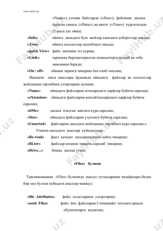 «commands» булимида куйидаги амаллар мавжуд: «ncd tree» экранга фаол дискнинг каталоглари шахобчасини чикариш, [alt+f10] тугмачаларини босиш оркали хам бажариш мумкин; «find file» дискдаги файли излаш, [alt+f7] тугмалари ёрдамида бажариш мумкин; «history» аввал киритилган буйруклар руйхатини экранга чикариш, [alt+f8] тугмалари ёрдамида бажариш мумкин; «ega lines» экрандаги сатрлар сонини узгартириш; «swap panels» чап ва унг ойналарнинг уринларини узаро алмаштириш, [ctrl+u] тугмалари ёрдамида бажариш мумкин; «panels on/off» иккала ойнани экрандан олиш ёки яна тиклаш, [ctrl+o] тугмалари ёрдамида бажарилади; «compare чап ва унг ойналардаги каталогларни узаро таккослаш; directories» «send/reseive почтани жунатиш ва кабул килиш; mail» «commander почта алмашиш дастурини ишга тушириш; mail» «menu file edit» фойдаланувчи тавсияномасини тахрирлаш; «extension file nc.ext файлини тахрирлаш. edit» «options» булими тавсияноманинг «options» булими nc нинг барча иш холатини белгилайди. «options» булими уз навбатида куйидаги кисмлардан ташкил топган: «configuration...» nc нинг баъзи бир иш холатларини белгилаш. фаол холатларнинг чап томонида (*) ёки [x] белгиси булади. шу белгини урнатиш учун …
