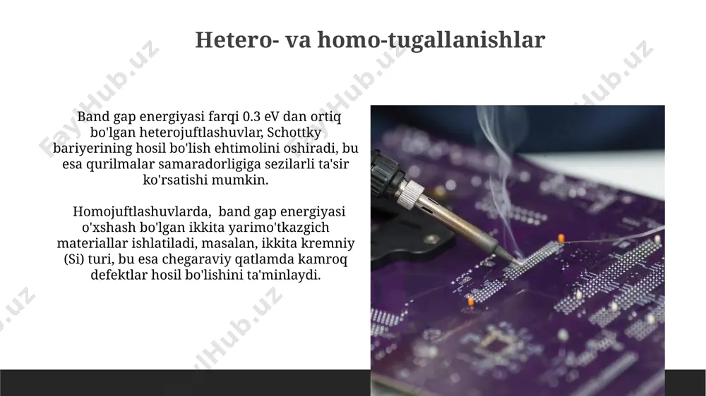 tni tashkil etadi va dioddan o'tadigan tokka bog'liq. zener diodlari teskari yo'nalishdagi kuchlanishni 5 dan 200 v gacha bo'lgan oralig'ida barqaror ushlab turadi va shu bilan kuchlanishni stabilizatsiyalashda qo'llaniladi. kontakt potensial farqi kontakt potensial farqi ikki yarim o'tkazgich materialining turli elektron ishlash funksiyalari tufayli hosil bo'ladi, masalan, 0,7 ev farq 0,2 ev va 0,9 ev bo'lgan ikki material o'rtasida paydo bo'ladi. kontakt potensial farqi haroratga bog'liq bo'lib, harorat oshishi bilan uning qiymati pasayadi, masalan, 300 k da 0.7 v bo'lsa, 400 k da taxminan 0.6 v ga tushadi. ohmik kontakt ohmik kontakt hosil qilish uchun yarim o'tkazgichning sirtini maxsus kimyoviy yoki termal ishlov berish orqali, 10 18 sm -3 dan yuqori konsentratsiyali yuza holatlarini yaratish muhimdir. ohmik kontaktlarda elektronlarning potensial to'siqni 0,1-0,3 ev atrofida yengishi, bu esa kontakt qarshiligining past bo'lishiga va 10 -6 ωsm dan past bo'lgan o'tkazuvchanlikka olib keladi. o'tish qatlami o'tish qatlamining potensial to'siq balandligi, ishlatilgan yarim …