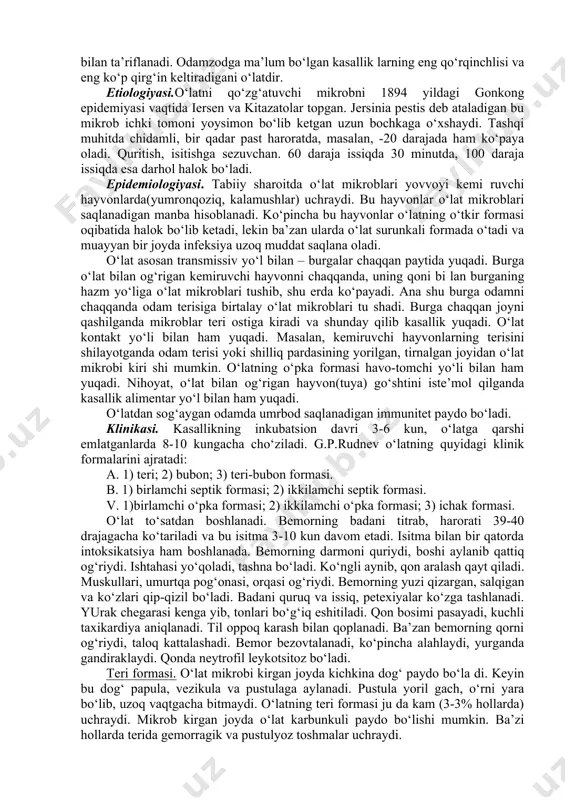 ladi. karantin – yuqumli kasallik o‘chog‘ini to‘liq ajratish (izolyasiya) va uni tugatishga qaratilgan epidemiyaga qarshi va rejimli chora-tadbirlar bilan to‘ldiriladi. 1. o‘choqdan chiqish va zararsizlantirmasdan biror jihozni olib chiqish man qilinadi. 2. o‘choqqa faqat fx ning kuchlari, uni tugatish uchun kiritiladi. ki rishdan avval ko‘chma epidemiyaga qarshi otryad va sanitar drujinaning shaxsiy tarkibi shaxsiy himoya vositalari bilan ta’minlanib, tez profilaktika va vaksinatsiyadan o‘tadilar. 3. karantin zonasining chegarasi ogohlantiruvchi belgi bilan belgila nadi, ular o‘rtasiga qurolli muhofaza postlari qo‘yilib, sutka davomida patrullik joriy qilinadi, yo‘llarda nazorat punktlari tashkil qilinib, o‘choqqa oziq-ovqat maxsulotlarini olib kelish rejimiga rioya qilish ta’minlanadi. 4. oziq-ovqatlarni olish joyi belgilanadi. 5. o‘choqdagi barcha aholi binolardan chiqqanda individual vositalaridan foydalanishlari kerak. o‘choqdagi aholi shaxsiy himoya vositalari bilan ta’minlangan bo‘lishlari kerak: respirator, protivagaz, o‘latga qarshi kastyum, filьtrlovchi himoya kiyimi va qo‘l ostidagi vositalar (og‘iz va burunga paxta va dokadan tayyorlangan niqob, kombenizonlar, plash va boshqalar). hashoratlardan himoyalanish uchun repellentlar va …