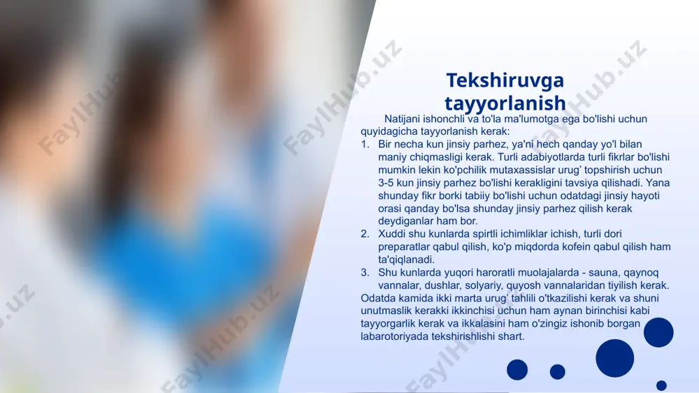 ial shunda ham kam hajmga ega bo'lsa bu jinsiy bezlar faoliyatini izdan chiqqanligi yanada ko'proq yo'lda blok(to'siq) borligi haqidagi fikrga to'xtalish kerak bo'ladi. hajmni oshib ketishda ko'proq yallig’lanish jarayonlarini o'rni kattaroq(prostatit va vezikulit). 5 rangi va rn normada: oq, kulrang, sarg’ish rangining qizarishi yoki qo'ng'ir tus olishi spermaga qon qo'shilganligidan xabar beradi. bu holat odatda jinsiy a'zolar travmalaridan so'ng, surunkali vezikulit, kalkulez prostatit kuzatiladi. rn - normada: ≥7,2 rn ning past bo'lishi odatda urug’ pufakchasini ageneziyasida, ko'tarilishi odatda yallig'lanish jarayoniga bog'liq bo'ladi. 6 suyulish vaqti (vremya razjijeniya) normada: 5-60 minut eyakulyat chiqishida suyuq holda bo'ladi va qisqa vaqtda seminogelin proteynni ta'sirida koagulyatsiya ro'y beradi. ma'lum vaqtdan so'ng prostatadan ishlab chiqariladigan enzimlar (asosiysi psa) ta'sirida suyuladi. suyulish vaqtini uzayishi ko'pincha surunkali prostatit va vezikulit natijasidir. suyulish vaqtini uzayishi spermatozoidlarni kuchini erta yo'qolishiga olib keladi, ya'ni qinning kislotali muhitida uzoq qolib ketadi. bu ko'rsatkich homiladorlikka to'g'ridan to'g'ri ta'sir qiladi. 7 yopishqoqligi (vyazkost …