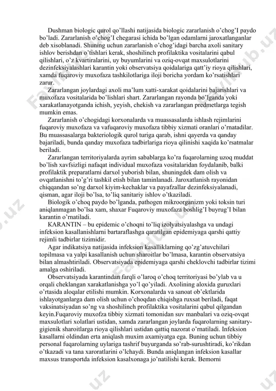masa, bu kasalliklarning onda sonda yakka xollarda mavjud bo’lishi, ushbu sharoitlarda axoli uchun bevosita xavf solmaydi. sanitar-epidemik jixatdan beqaror xisoblanadi: -agar unda o’tkir yuqumli kasalliklar paydo bo’lishiga olib keluvchi qoniqarsiz sanitary-gigienik sharoit mavjud bo’lsa va axoli o’rtasida qisqa muddat ichida, kelib chiqishi jixatdan umumiy sabab bilan bog’liq bo’lgan infeksion kasallarning aloxida guruxlari paydo bo’lsa. yalpi jaroxatlanish o’chog’i sanitar-epidemik jixatdan muvafaqiyatsiz xisoblanadi: -agar axoli o’rtasida infeksion kasalliklar miqdori o’sib borsa, xamda dushman qo’llagan biologik qurol natijasida emas, balki tashqaridan olib kelingan yagona xollardagi o’ta xavfli infeksion kasalliklar aniqlanganda. yalpi jaroxatlanish o’chog’i sanitar-epidemik jixatdan favqulodda xolat e’lon qilinadi: –agar axoli o’rtasida infeksion kasalliklar epidemiyasi keng tarqalsa yoki dushman biologik qurol qo’llashi natijasida paydo bo’lgan o’ta xavfli infeksion kasalliklar guruxlari mavjud bo’lsa. dushman yalpi qirg’in quroli qo’llagan sharoitda, fuqaroviy muxofaza tibbiy xizmati dastavval quyidagilarni xisobga olishi kerak: а) turar-joylarni, vodoprovod va kanalizatsiya tarmoqlarining vayron bo’lishi natijasida vujudga kelgan juda noqulay sanitar-gigienik va epidemic …