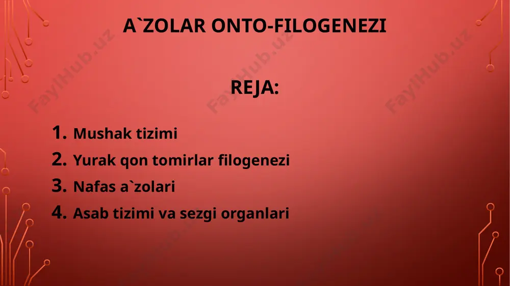 har bir miomer bitta somitning miotomidan rivojlanadi. boshida orqa miyani harakatlantiruvchi tolasi orqali innervatsiyalanadi. miomerlar bir-biridan biriktiruvchi to'qi- madan tashkil topgan mioseptalar yordamida ajralgan bo'ladi. xuddi shunday to'siq yordamida bo'ylama yo'nalgan yon mushaklar, qorin va yelka mushaklariga ajralgan yurak-qon tomirlar filogenezi yuqori darajada rivojlangan, yirik ko'p hujayrali organizmlarning mavjud bo'lishi va normal yashashi uchun organizmni bir butun tizim sifatida integratsiyasini ta'minlaydigan, transport funksiyani bajaradigan harakatchan ichki suyuq muhitning bo'lishi juda ham zarurdir. to'qimalarda normal modda alnashinishi uchun uzluksiz ravishda organizmga o2 va oziq modda kelib turishi talab etiladi. qon aylanish tizimi aynan shu funksiyani bajaradi. qon aylanish tizimi orqali oziq moddalar, o2, co2, dissimilyatsiya mahsulotlari, gormonlar tashib yuriladi. hamma umurtqalilarda qon aylanish tizimi yopiq bo'lib, mezodermadan rivojlanadi. u ikkita asosiy arterial tomirlar: qorin aortasi va orqa aortadan tashkil topgan. qorin aortasi orqali venoz qon oldinga tomon harakatlamb boradi, nafas olish. a'zolarida kislorodga to'yinib, so'ng orqa aorta orqali orqa tomonga harakatlanadi. …