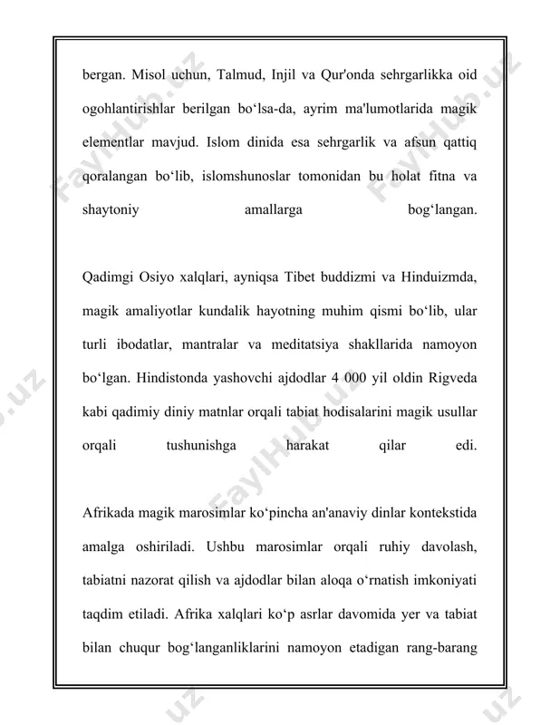 n rangli kukunlar bo'lib, ular ruhiy himoya va marosimiy poklikni ifodalaydi. - **agarbatti (xushbo'y cho'plar):** bu cho’plar yoga va meditatsiya vaqti sham yoqilganda xushbo'y tutatqi beradi. ular marosimlarga bag’ishlangan muhitni yaratishda ishlatiladi. 3. **islom dinidagi atributlar:** - **tasbeh:** sanoqli boncuklar zanjiri bo'lib, zikr uchun ishlatiladi. ular odatda 33, 66 yoki 99 ta boncuklardan iborat bo'lib, islomiy zikrlar, masalan, "subhanallah", "alhamdulillah", "allahu akbar" kabi iboralarni takrorlash uchun ishlatiladi. - **misvak:** tish tozalash uchun ishlatiladigan tabiiy cho’tka bo’lib, islomda sunnat deb hisoblanadi va bu marosimiy poklik uchun yuqori qiymatga ega. 4. **yahudiy dinidagi atributlar:** - **menorah:** yetti yoki to’qqiz shamli ibodat shamdan iborat bo’lib, yahudiy marosimlarida, xususan xonuka bayramida ishlatiladi. - **tallit:** ibog'liq vaqt ibodatida kiyiniladigan zam shag'ap bo’lib, ibodatchiga diniy majburiyatini eslatib, 'to'rt burchi' bo’ylab iplar ishlatiladi. 5. **xristian dinidagi atributlar:** - **xoch:** xristian dinidagi eng muhim diniy ramz xilma-xil marosimlarda, jumladan suvga cho'mish va ibodatlarda ishlatiladi. - **muqaddas suv:** kalit …