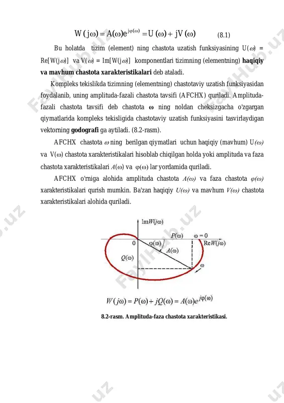 aga mos keladigan afchx nuqtasiga o’tkazilgan a(ω) vektorning uzunligi w(jω) chastota uzatish funksiyasining moduliga teng va chastota ω bilan o'zgaradigan kirish va chiqish amplitudalarining nisbatini ko'rsatadi va tizimning (elementning) amplituda chastotaviy xarakteristikasi deyiladi. 2 2( ) ( ) ( ) ( )a w j u v       8.1-masala quyidagi uzatish funksiyasiga ega bo’g’inning amplituda chastota tavsifini toping: yechish: bo’g’inning amplituda chastota tavsifini topishda laplas operatorini bilan almashtiramiz: bo’g’inni aniq va mavhum qismlarga ajratamiz:  aniq qism,  mavhum qism. ga qiymat berib, jadval tuzamiz va jadval asosida tavsif yasaymiz: 2 0 1 0 0,5 0 8.2-masala quyidagi uzatish funksiyasiga ega bo’g’inning amplituda chastota tavsifini toping: p k pw )( р j j k pw )( 0)( u   k jv )(   )( jv )(u k5,0 k k2 kppw )( 8.1-rasm. integral bo’ginning amplituda tavsifi 8.3-masala differensial tenglamasi quyidagicha bo’lgan aperiodik zvenoning chastota …