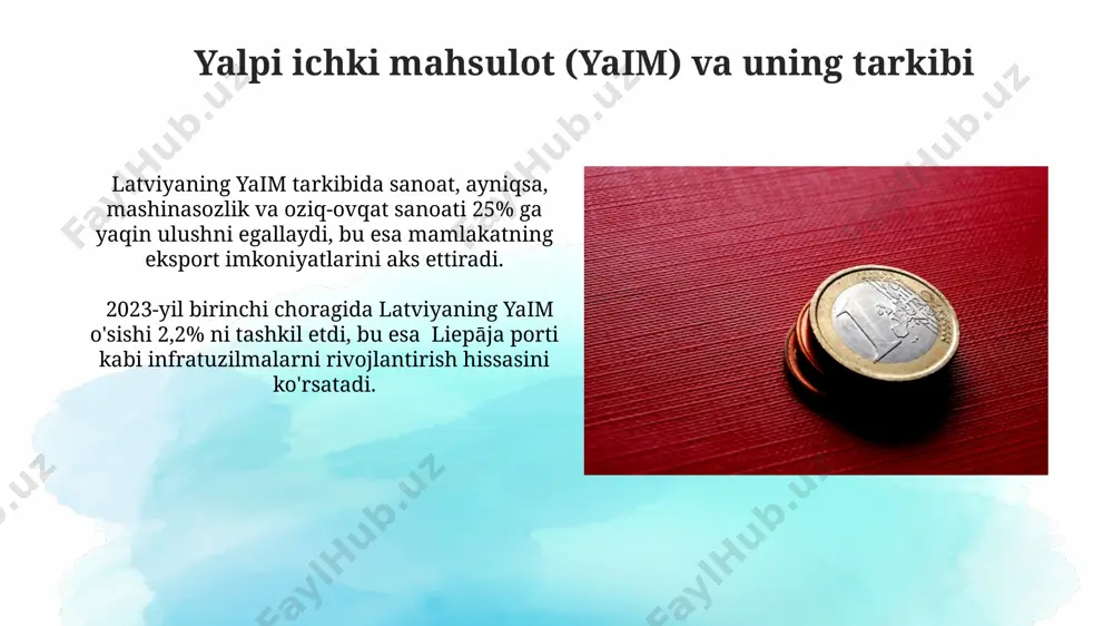 ahsulotlarining eksporti liepaya porti orqali 15% ga oshdi, bu esa mintaqaning iqtisodiy rivojlanishiga ijobiy ta'sir ko'rsatdi. 1990-yillarning boshlarida latviya iqtisodiy islohotlarini amalga oshirishda, xususan, riga shahrida xususiylashtirish jarayonlari tez sur'atlar bilan rivojlandi, bu esa yalpi ichki mahsulotning 20% ga o'sishini ta'minladi. iqtisodiyotdagi muammolar va istiqbollar latviyaning yevropa ittifoqiga a'zoligi unga investitsiyalarni jalb qilishda imkoniyatlar yaratadi, ammo shu bilan birga, yevropa ittifoqining qoidalariga moslashish uchun qo'shimcha xarajatlar va byurokratik to'siqlar mavjud. mamlakatning eksportga bog'liqligi yuqori bo'lib, jahon bozoridagi narxlarning o'zgarishi latviya iqtisodiyotining 5% dan ortig'ini tashkil etadigan qishloq xo'jaligiga salbiy ta'sir ko'rsatishi mumkin. latviya respublikasining iqtisodiyoti haqida umumiy ma'lumot latviyaning eksportining muhim qismi yog'och mahsulotlari, mashinasozlik va oziq-ovqat mahsulotlari bo'lib, ularning asosiy eksport bozorlari yevropa ittifoqi mamlakatlari hisoblanadi. latviya iqtisodiyoti 2023-yilda yaimning 2,8% o'sishini qayd etdi, bu asosan xizmatlar sektorining, ayniqsa, turizm va logistika sohalarining yaxshilanishi bilan bog'liq. xizmat ko'rsatish sohasi va turizm latviyaning xizmat ko'rsatish sohasi yaimning 60% dan ortig'ini …