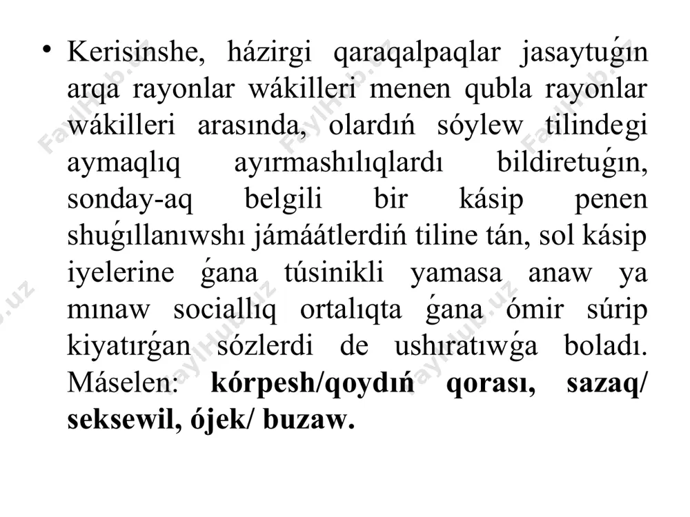 aǵa baylanıslı terminler: ekonomiya, baha, zattıń ózine túser baha, ózin-ózi támiyinlew, miynet ónimligi, shıǵın, únemlew, tólem, qosımsha ónim, bazar ekonomikası, t.b. 14. ilimiy-texnikalıq terminler: texnika, ilimiy texnikalıq progress, avtomat, avtomatlastırıw, tso, diskoteka, slayd, kompyuterlestiriw, karter, disk, motor, dizel, forsunka, hawa forsunkası, raketa, t.b. 15. yuridika ilimine baylanıslı terminler: húkim, shaǵım, ayıp, advakatura, gúwa, jámiyetlik qaralawshı, kodeks, jınayat, jınayat kodeksi, huqıq norma, aliment, ekspertiza, sudmedekspertiza t.b. dıqqatlarıńız ushın raxmet!!!