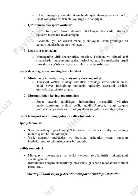 ga aylandi. sovet transport merosining ijobiy va salbiy tomonlari ijobiy tomonlari: · sovet davrida qurilgan temir yo‘l tarmoqlari hali ham iqtisodiy faoliyatning muhim qismi bo‘lib qolmoqda. · yirik transport markazlari va logistika inshootlari yangi transport loyihalarining rivojlanishiga asos bo‘lmoqda. salbiy tomonlari: · mintaqaviy integratsiya va ichki savdoni rivojlantirish imkoniyatlari cheklangan edi. · infratuzilma xalqaro standartlarga mos emasligi sababli raqobatbardoshlikni pasaytiradi. mustaqillikdan keyingi davrda transport tizimidagi islohotlar. markaziy osiyo davlatlari mustaqillikka erishgach, mintaqa transport tizimi o‘zgarish va qayta shakllanish davrini boshdan kechirdi. sovet ittifoqi davrida markazlashgan holda boshqarilgan infratuzilma mintaqa davlatlarining yangi iqtisodiy va siyosiy mustaqillik sharoitida moslashishni talab qildi. birinchi bosqichda, transport tarmoqlari mustaqil davlatlarning ichki ehtiyojlariga moslashtirildi. ayni paytda xalqaro aloqalarni kengaytirish maqsadida yangi tranzit yo‘llar va koridorlar tashkil etish bo‘yicha loyihalar amalga oshirildi. shu jumladan, lapis-lazuli transport koridori, traceca dasturi, va xitoyning "bir makon – bir yo‘l" tashabbusi kabi loyihalar markaziy osiyoning global savdo tarmoqlariga integratsiyasini kuchaytirdi. mintaqadagi …
