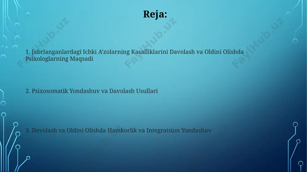 larda, masalan, 3 yoki undan ortiq organ sistemasini qamrab oluvchi kasalliklarda, gastroenterolog, kardiolog va endokrinolog kabi 3-5 nafar mutaxassisning birgalikdagi konsultatsiyasi zarur. xatar omillarini aniqlash va kamaytirish yurak-qon tomir kasalliklari xavfini oshiruvchi omillar (gipertenziya, giperlipidemiya, chekish)ni aniqlash uchun kamida 5 ta diagnostik testlardan foydalanish va ularning oldini olish bo'yicha individual reja tuzish muhimdir. jabrlanganlarda oshqozon-ichak traktining yallig'lanish kasalliklari xavfini oshiruvchi omillarni (masalan, helicobacter pylori infektsiyasi, stress, noto'g'ri ovqatlanish) aniqlash va ularni kamaytirish bo'yicha 3 bosqichli dastur samaradorligi 85% ni tashkil etadi. davolanish natijalarini baholash bemorlarning hayot sifatini baholash uchun, 0 dan 10 gacha bo'lgan vizual analog shkalasi (vas) qo'llanilishi va davolanishdan keyin kamida 2 ballga yaxshilanish ijobiy natija sifatida qaralishi mumkin. biokimyoviy ko'rsatkichlarning (masalan, jigar fermentlari darajasi) normal chegaralarga qaytishi yoki 50% ga kamayishi davolanishning muvaffaqiyatli natijasini ko'rsatadi. bemorlarni kuzatish va monitoring bemorlarning og'riq darajasi, boshqa alomatlar va dori-darmonlarga bo'lgan javobini baholash uchun vizual analog shkalasi (vas) yordamida 1-7 ballli …