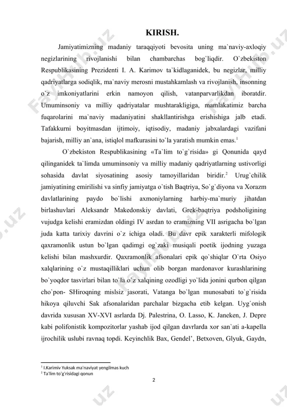 rchalar bizgacha etib kelgan. uyg`onish davrida xususan xv-xvi asrlarda dj. palestrina, o. lasso, k. janeken, j. depre kabi polifonistik kompozitorlar yashab ijod qilgan davrlarda xor san`ati a-kapella ijrochilik uslubi ravnaq topdi. keyinchlik bax, gendel’, betxoven, glyuk, gaydn, motsart, verdi, bize, shubert, shuman, mendel’son o`z ijodlari bilan xor san`atini yuqori pog`onalarga ko`tardilar. [2: ta’lim to’g’risidagi qonun] musiqa janrlari ichida eng xalqqa tushunarli va yaqin bo`lgan tur bu xor san`atidir. xorda adabiy va musiqiy ijodiyot o`zaro uyg`unlashib, yaxlit obraz yaratadi. xor xalqlar milliy musiqa madaniyatining shakllanishi va rivojlanishida muhim o`rin tutadi. o`tmishda bizning respublikamiz xor ijrochiligiga ega bo`lmagan, xozirda esa shahar va qishloqlarda akademik va xalq (havaskorlik va professional) xor jamoalari ko`plab mavjud. professional va havaskorlik xorlari badiiy va texnik jihatdan bir-biriga yaqin bo`lib, professional xor havaskorlik xoriga saviyasini oshirishga yordam bersa, o`z navbatida havaskorlik va professional jamoasiga xushovoz, iqtidorli yoshlarni etishtirib beradi. san`at bayramlarida professional va havaskorlik xorlar birga ishtirok etadilar. …
