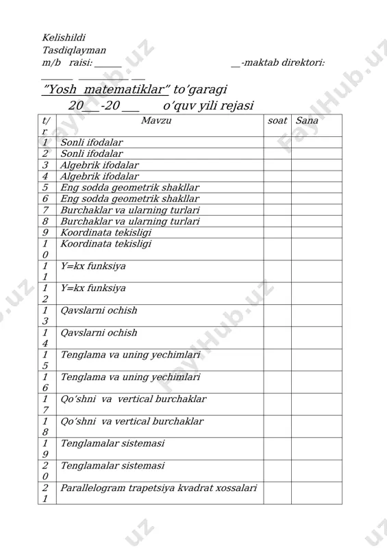 ___________ mavzu: algebraik ifodalar maqsad; mavzu yuzasidan malaka, ko’nikmalar hosil qilish mavzu bayoni savol-javob: sonli ifoda deb nimaga aytiladi? sonli ifoda son qiymati nima? raqamlar nechta? algebraik ifoda deb nimaga aytiladi? mustahkamlash: qiziqarli masala: sana ______________________________ mavzu: eng sodda geometrik shakllari maqsad; mavzu yuzasidan malaka, ko’nikmalar xosil qilish mavzu bayoni mustahkamlash qiziqarli masala to’garak 7-8 sinf 34 soatli matematika to’garagi faylni to’liq olish uchun +99897 358 10 77 tel raqamiga ochilgan telegram manziliga shaxsiyga(lichkaga) murojaat qilishlaringiz mumkin. fayl narxi 10 000 so’m 1-dars 2-dars 3-dars 3-dars 4-dars 5-dars