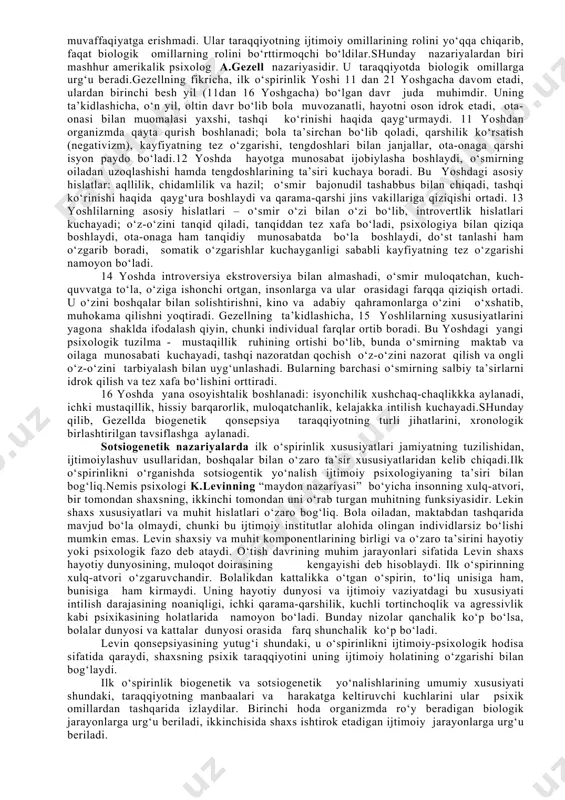 g boshlanishida odatda jinsiy etilish tugallanadi, ikkilamchi jinsiy belgilar rivojlanadi, bu hol yigit va qizlarning tashqi ko‘rinishida ham sezilarli o‘zgarish hosil qiladi. jinsiy etilish davrining tugallanishi hali jismoniy etuklikni ham, buning ustiga psixik va ma’naviy etuklikni ham anglatmaydi. faqat 18 yoshga borib, nikohdan o‘tishga ruxsat beriladigan davrda, shu yosh uchun minimal darajada zarur bo‘lgan jismoniy, ma’naviy, fuqarolik etuklik darajasi boshlanadi. 18 yoshli yigit va qizlar jamiyat tomonidan katta yoshli kishilar deb e’tirof etiladi. ilk o‘spirinlik davrini ikkinchi o‘tish davri deb hisoblash mumkin. agar birinchi o‘tish davri ko‘proq bolalikka yaqin bo‘lsa, ikkinchi o‘tish davrida bo‘lgan o‘spirin ko‘proq yoshlik davriga yaqindir va shu jihatidan o‘rganiladi hamda tadqiq etiladi. ilk o‘spirinlik davri, asosan, unda mustaqil hayotning boshlanishi (o‘rta maktabni tamomlab, litsey, kollejlarga kirishi)bilan xarakterlanadi. hayotdagi bu o‘zgarishlar ilk o‘spirinning shaxsiga, o‘z-o‘zini anglashiga ta’sir ko‘rsatadi. o‘smirlardan farqli o‘laroq ilk o‘spirinlar katta hayotni tasavvur etmaydilar, balki unda ishtirok etadilar. ilk o‘spirinlarning mustaqilligi ortishi bilan kattalarning …