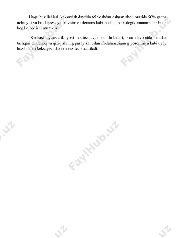 shlari, keksayish davrida 65 yoshdan oshgan aholi orasida 50% gacha uchraydi va bu depressiya, xavotir va demans kabi boshqa psixologik muammolar bilan bog'liq bo'lishi mumkin. kechasi uyqusizlik yoki tez-tez uyg'onish holatlari, kun davomida haddan tashqari charchoq va qiziqishning pasayishi bilan ifodalanadigan giposomniya kabi uyqu buzilishlari keksayish davrida tez-tez kuzatiladi. 📌xulosa кексайиш даврининг психологик хусусиятларини ўрганиш, шахснинг бу даврдаги ўзига хос муаммоларини англаш ва уларга мослашиш стратегияларини ишлаб чиқишда муҳим аҳамиятга эга. бу эса сифатли ҳаёт кечиришга ёрдам беради. 📚foydalanilgan adabiyotlar 1. раҳимова, з. к. (2020). ўзбекистондаги ёшларнинг психологик хусусиятлари. ёшлар психологияси ва ижтимоий-психологик муаммолари. тошкент: ўзбекистон миллий университети нашриёти. 2. алимова, г. а. (2018). ёшларнинг шахс сифатида шаклланишидаги психологик омиллар. ёшлар психологияси ва тарбиясининг долзарб масалалари. тошкент: ўқитувчи нашриёти. 3