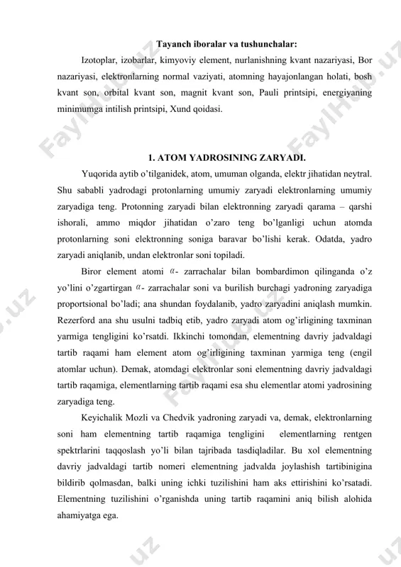 chalik mozli va chedvik yadroning zaryadi va, demak, elektronlarning soni ham elementning tartib raqamiga tengligini elementlarning rentgen spektrlarini taqqoslash yo’li bilan tajribada tasdiqladilar. bu xol elementning davriy jadvaldagi tartib nomeri elementning jadvalda joylashish tartibinigina bildirib qolmasdan, balki uning ichki tuzilishini ham aks ettirishini ko’rsatadi. elementning tuzilishini o’rganishda uning tartib raqamini aniq bilish alohida ahamiyatga ega. 1913 yilda ingliz olimi g. mozli 38 ta elementning rentgen spektrini tekshirdi, jumladan, kaltsiydan (z = 20) ruxgacha (z = 30) bo’lgan 11ta elementning rentgen spektrlarini sistemali ravishda tekshirib, bu elementlardan har birining rentgen spektridagi k – seriyasi bir – biriga yaqin joylashgan ikkita chiziq к va к dan iborat ekanligini kuzatdi. hosil qilingan rentgen spekrlarining rasmlarini esa elementlarning tartib raqamlari usish tartibida yuqoridan pastga qaratib joylashtirdi. vi.1– rasmda ti dan zn gacha bo’lgan elementlar uchun k– seriyadagi к va к chiziqlarning joylanishi ko’rsatilgan. rasmdan ko’rinadiki, bir elementdan ikkinchi elnmentga o’tganda elementlarning tartib raqamlari ortib …