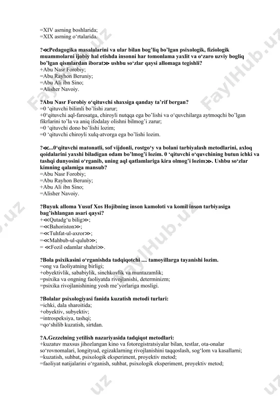=men, u; +u, men, oliy men; =siz, biz, u. ?oliy men (super ego) shaxsning tuzilmaviy tarkibi sifatida qaysi davrda shakllanadi? +3—6 yoshlar orasida; =3—7 yoshlar orasida; =2—6 yoshlar orasida; =3—5 yoshlar orasida. ?himoya mexanizmi atamasi kim tomonidan fanga kiritildi? +1894-yilda z.freyd; =1880-yilda z.freyd; =1894-yilda n.x.vessel; =1894-yilda p.d.yurkevich. ?≪bolalik davrida hissiyotlarga ko‘rsatilgan ta’sir, keyinchalik shaxsning o‘z-o‘zini anglashida namoyon bo‘ladi≫. ushbu mulohaza kimga tegishli? =y.komenski; +z.freyd; =n.x.vessel; =p.d.yurkevich. ?z.freydning psixoanalizidagi tadqiqot metodlarini ko‘rsating. =erkin assotsiatsiyalar metodi, tushunchalar tahlili; +klinik vaziyatlar tahlili, erkin assotsiatsiyalar metodi, tushunchalar tahlili; =klinik vaziyatlar tahlili, tushunchalar tahlili; =analiz, erkin assotsiatsiyalar metodi, tushunchalar tahlili. ?erikson ishlarida asosiy tadqiqot metodlari qaysilar... =sotsiometriya, test, induksiya; =suhbat, kuzatish, eksperiment; +longityud, psixotarixiy, etnografik; =faoliyat mahsullarini o‘rganish, proyektiv. ?erikson shaxs rivojlanishining psixoijtimoiy bosqichlarini nechaga bo‘lgan? =4; =6; +8; =2. ?erikson nazariyasining asosiy tushunchalari nimalar? =adaptatsiya; +identiklik; =izomorf; =illyuziya. ?ego identiklik — ... +shaxsiy menining barqarorligi, uzluksizligi, yaxlitligini subyektiv his qilishdir; =ichki kechinmalarni, boshdan kechirganlarni …
