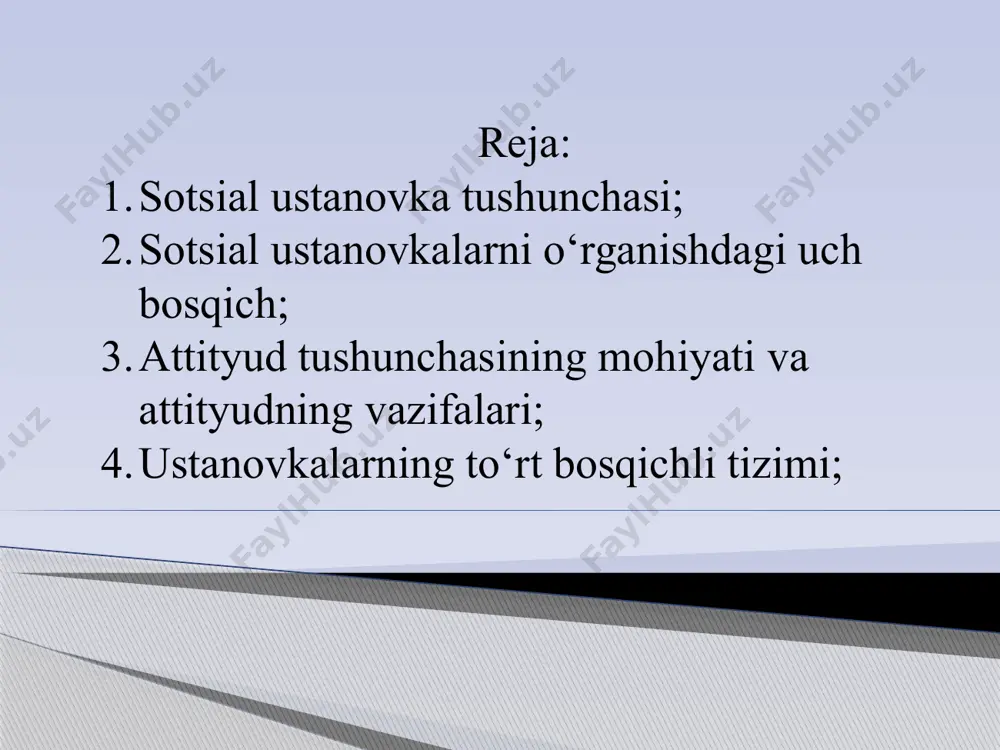 insonlar va voqelikni baholashi va ularga nisbatan munosabat bildirishidir. ustanovka – bu faoliyatga mustaqil tayyorlikdir. ustanovka – insonning ichki o‘ziga xos tuyg‘ularini namoyon etishga ruhan tayyorlik holatidir. ustanovka uzoq vaqt davomida shakllanadi va u insonning qadr-qimmati bilan uzviy bog‘liqdir. «moyillik», «yo‘nalganlik», «tayyorlik» kabi mazmunni anglatuvchi, bir-biriga o‘xshovchi «ustanovka» va «sotsial ustanovka» tushunchalarini bir-biridan farqlash lozimligi ko‘pchilik olimlar tomonidan qayd etilgan. sotsial psixologiyada sotsial ustanovkalarning o‘rganilishi uch bosqichli jarayonni boshidan kechirgan. birinchi bosqich – xx asrning boshlariga tegishli bo‘lib, bu davrda fanga sotsial ustanovka tushunchasi kiritildi hamda olimlar sotsial ustanovkalarning mazmunini tushunish uchun nazariy va eksperimental tadqiqotlarni boshlab yuborishdi. bir-biriga ma’nodosh bolgan ustanovka va attityud, bir vaqtning o‘zida ham bir xil, ham boshqa-boshqa xil ma’no va tushunchalarni anglatishi olimlarni bir qancha chalkashliklarga olib kelgan edi. 2. sotsial ustanovkalarni o‘rganishdagi uch bosqich lekin amerikalik sotsiologlar u.tomas va f.znanetskiylarning «polshalik dehqon yevropa va amerikada» deb nomlangan taniqli asari nashr (1918-1920-yillar) qilingandan boshlab, attityud …