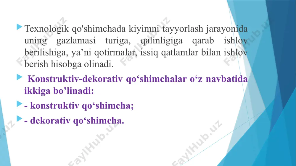 - 8 – 10 10 – 12 - >1.5 >1.5 >5 >5 6 – 8 6 – 8 6 – 8 9 – 11 10 – 12 10 - 13 kiyimning tiri va silueti п16 п18 п19 п28 pidjak yopishgan yarim yopishgan to`g`ri erkaklar paltosi yarim yopishgan to`g`ri 6 – 7 7 – 8 8 – 10 10 – 11 11 - 12 4 – 5 8 – 10 - 10- 12 - 4 – 5 4 – 5 8 - 9 10 – 11.5 11.5 12.5 11 – 13 11 - 13 turli kiyimlarni konstruksiyalashda ishlatiladigan konstruktiv qo`shimchalar 5.1.-rasm. asosiy konstruktiv uchastkalar (ort, o`miz, old) aro konstruksiya qo`shimchaning taqsimlanishi. kiyimning shakli va zamonaviy moda yo`nalishiga mosligi nafaqat ko`krak chizig`i bo`yicha to`kislik qo`shimchasining qiymatiga, balki uning asosiy konstruktiv uchastkalari (orqa, o`miz, old) aro taqsimlanishiga ham bog`liq (jadval 5.2.) 5.2.-jadval asosiy konstruktiv uchastkalararo kompozitsion qo`shimchaning tipaviy taqsimlanishi (п16 dan qismi) kiyim …
