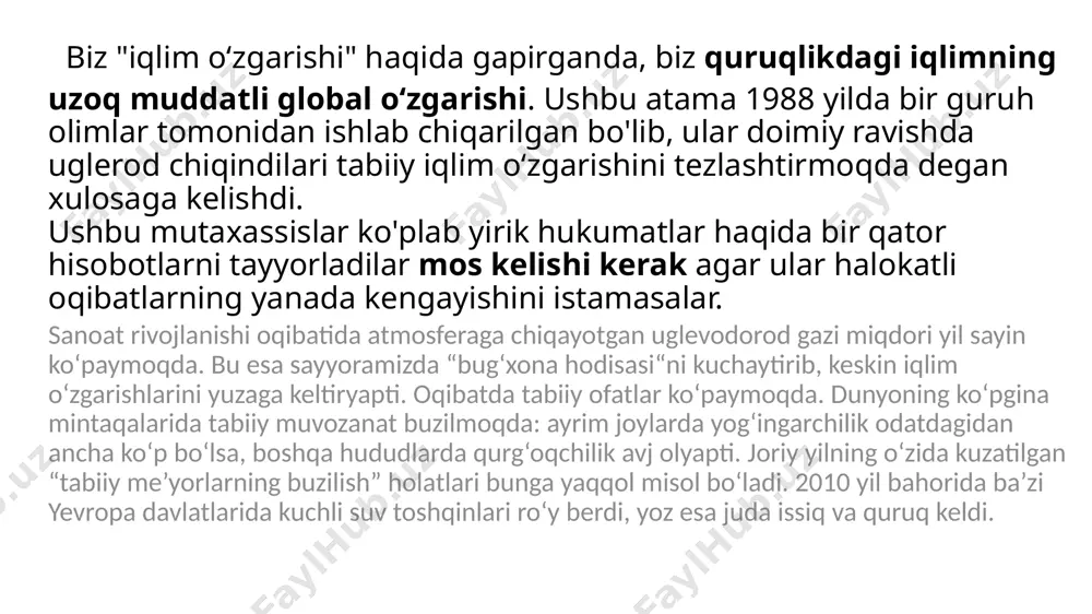 darajagacha yuqori harorat va dengiz sathining xnumx dan xnumx santimetrgacha ko'tarilishi kutilmoqda. tirik mavjudotlarga ta'siri o'lim, kasalliklar, allergiya, to'yib ovqatlanmaslik, ... qisqasi, yuqori harorat tufayli biz yoqtirmaydigan narsalar ko'payadi. bundan tashqari, yangi kasalliklar paydo bo'ladi va odatda tropik mintaqalarda to'planganlar, o'rta kengliklarga qarab harakatlanadi. o'simliklar va hayvonlar ham ta'sir qiladi: gullash yoki tuxum qo'yish kabi bahor voqealari erta keladi. ba'zi turlar migratsiyani to'xtatadi, boshqalari esa omon qolishni xohlasalar, bunga majbur bo'ladilar. hozirgi ob-havoning o‘zgarishi oqibatlari biz harorat ko'tarilishini bilamiz, ammo biz nimaga duch kelishimiz kerak? yoqimli iqlimga ega bo'lish ko'p odamlar uchun yaxshi yangilik bo'lishi mumkin, ammo haqiqat shundaki, biz o‘z dunyomizni abadiy o‘zgartirishi mumkin bo'lgan oqibatlarga tayyorlanishimiz kerak. yerdagi oqibatlar co2 chiqindilarini ko'paytirish orqali okean ushbu gazni ko'proq singdiradi kislotalaydi. natijada ko'plab hayvonlar, masalan, mercan yoki midiya nobud bo'ladi. yuqori kengliklarda suv o'tlari va planktonlar hajmi o‘zgaradi. pastki orollar va qirg'oqlar suv ostida qoladi dengiz sathining ko'tarilishi tufayli; va …