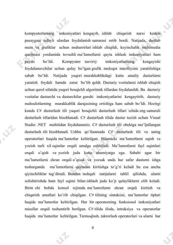 bo‘lishiga olib kelgan inqilobiy o‘zgarishlar c# tilining yaratilishiga asosiy imkoniyatlarni belgilab berdi. kurs ishi mavzusining dolzarbligi: bugungi knda dasturlash asoslari keng rivojlangan bo‘lib, bulardan eng yaxshilari c++, java, phyton va c# lar kiradi. ushbu kurs ishi c# dan haqida bo‘lib, c# dasturlash tilida math sinfi va uning metodlari mavzusida. c# dasturlash tili 90-yillarning oxirida ishlab chiqilgan bo‘lib mickrosoft.net ning bir qismi hisoblanadi. c# dasturlash tili al’fa versiya sifatida 2000-yillardan boshlab ishlatila boshlagan. c#ning bosh arxitektori butun dunyo dasturchilari ichida birinchilar qatorida turgan va butun dunyo tomonidan tan olingan anders hejlsberg bo‘ldi. uning 1980-yillarda chiqarilgan turb pascal dasturi orqali hm tanishimiz mumkin. c# dasturlash tili bevosita c, c++ va java dasturlash tillari bilan bog‘liq. chunki bu 3ta til dasturlash tillari bo‘yicha eng mashhurlaridir. c# va java dasturlash tillari o‘zaro o‘zgacha bog‘langan. ularning kelib chiqishi c va c++ bo‘lsada o‘zaro bir biridan farq qiladi. c# dasturlash tili ham ob’ektga mo‘ljallangan tillar sirasiga …