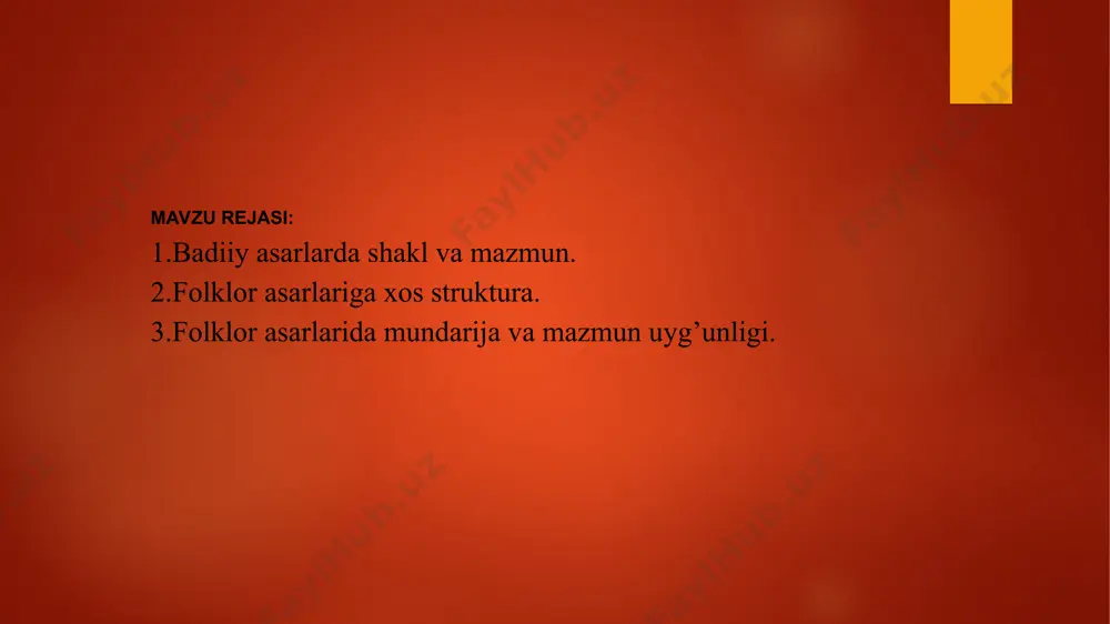 i. savol va topshiriqlar: badiiy asarda shakl va mazmun tushunchasiga izoh bering. 2. folklor asarlarida mundarija va mazmun uyg‘unligi deganda nimani tushimasiz? , 3. folklor asarlariga xos struktura haqida so'zlab bering. 4. epik asarda muqaddimaga misollar keltiring va tahlil qiling. adabiyotlar: imomov k., mirzayev t., sarimsoqov b., safarov o. o‘zbek xalq og‘zaki poetik ijodi. t., ≪o‘qituvchi≫, 1990. 227–268-betlar. 2. zarif hodi. fozil shoir – mashhur dostonchi. o‘zbek xalq ijodi bo‘yicha tadqiqotlar. 3-kitob. fozil shoir. t., ≪fan≫, 1973. 5–29-betlar. 3. jirmunskiy v. m., zarifov x. t. uzbekskiy narodnuy geroicheskiy epos. m. gixl. 1947. 4. ≪alpomish≫ – o‘zbek xalq qahramonlik eposi. maqolalar to‘plami. t., ≪fan≫, 1999. 5. ≪alpomish≫ (doston). aytuvchi fozil yo‘ldosh o‘g‘li. yozib oluvchi m. zarifov. nashrga tayyorlovchilar: h. t. zarifov, t. mirzayev, t., ≪sharq≫ nashriyot-matbaa konserni. 1998.