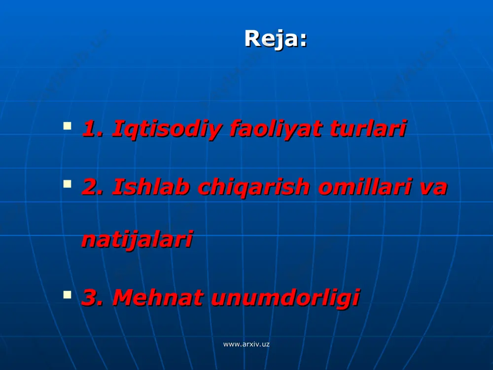 i, balki ular ma`lum miqdoriy nisbatda bir-biriga almashtiriladi. bu jarayon ikki xil kechadi: biri mahsulot ayirboshlash, ikkinchisi tovar ayirboshlash. www.arxiv.uz www.arxiv.uz www.arxiv.uz www.arxiv.uz ishlab chiqarish omillari va natijalari aytganimizdek, iqtisodiy faoliyat ishlab chiqarishdan boshlanadi. har qanday ishlab chiqarishda ikki omil; — shaxsiy-insoniy va moddiy-ashyoviy omillar ishtirok etadi. shaxsiy-insoniy omil — bu mehnat qilish qobiliyatidan iborat bo`lgan ish kuchi va uning faoliyatdir. shaxsiy-insoniy omil mehnatga layohatli aholi, uning jismoniy va aqliy qobiliyati, bilim va saviyasi, malaka va mahoratidir. mazkur aholi o`zbekistonda 2002 yilda 12 million kishi edi. bu omil insoniy qobiliyat bo`lgani sababli inson shaxsi bnlan birgalikda, undan ajramagan holda namoyon bo`ladi va inson shaxsida gavdalanadi. moddiy-ashyoviy omil — bu ishlab chiqarish uchun zarur bo`lgan barcha oddiy shakldagi vositalardir. www.arxiv.uz www.arxiv.uz omillarning birikishi tufayli olingan mahsulot va xizmatlar ishlab chiqarishning natijasi hisoblanadi. ishlab chiqarishda yaratilgan mahsulot ikki xil bo`ladi: birinchisi — natural mahsulot bo`lib, uni ishlab chiqaruvchining o`zi iste`mol etadi. bu …