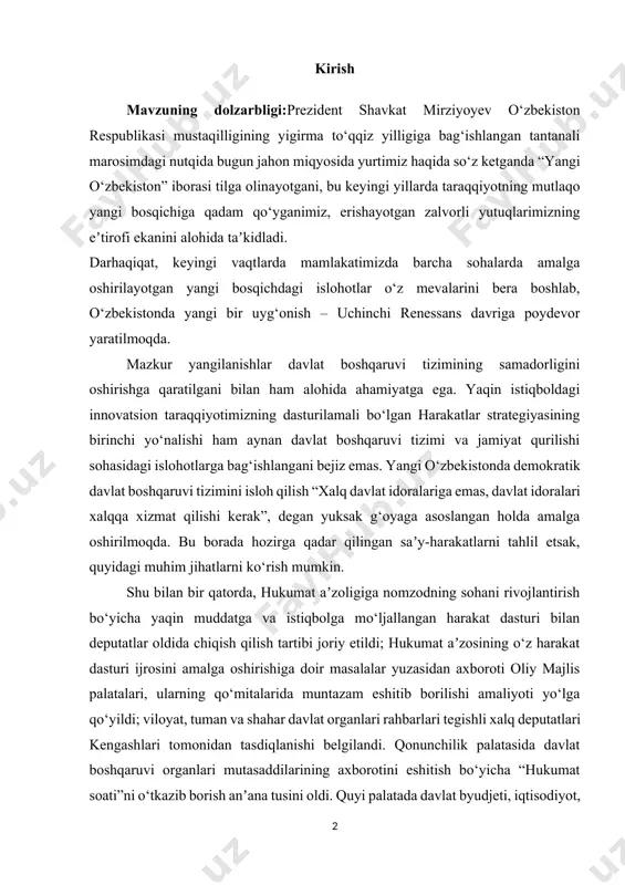 da, hukumat aʼzoligiga nomzodning sohani rivojlantirish bo‘yicha yaqin muddatga va istiqbolga mo‘ljallangan harakat dasturi bilan deputatlar oldida chiqish qilish tartibi joriy etildi; hukumat aʼzosining o‘z harakat dasturi ijrosini amalga oshirishiga doir masalalar yuzasidan axboroti oliy majlis palatalari, ularning qo‘mitalarida muntazam eshitib borilishi amaliyoti yo‘lga qo‘yildi; viloyat, tuman va shahar davlat organlari rahbarlari tegishli xalq deputatlari kengashlari tomonidan tasdiqlanishi belgilandi. qonunchilik palatasida davlat boshqaruvi organlari mutasaddilarining axborotini eshitish bo‘yicha “hukumat soati”ni o‘tkazib borish anʼana tusini oldi. quyi palatada davlat byudjeti, iqtisodiyot, pul-kredit siyosati masalalarida, shuningdek, davlat byudjeti ijrosi ustidan samarali parlament nazoratini taʼminlashda deputat va senatorlarga professional, mustaqil va xolis axborot tahliliy, ekspertlik xizmati ko‘rsatish maqsadida davlat byudjeti boshqarmasi tashkil etildi. parlament va ijro hokimiyatining hamkorligi kuchaytirildi. masalan, vazirlar mahkamasining oliy majlis palatalaridagi doimiy vakili lavozimi taʼsis etildi va uning huquqiy maqomi belgilandi. xalq deputatlari mahalliy kengashlarining joylardagi dolzarb muammolarni hal etishdagi roli oshirildi. mahalliy hokimiyat organlari rahbarlarining hisobotlarini eshitish tizimi …