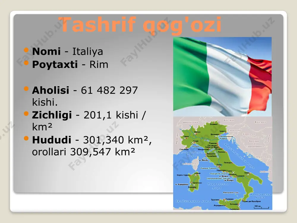 sanoat - 31%, qishloq xo'jaligi - 4%, uchinchi tarmoq - 65%. italiya aholisi keksalarning ko'pligi va tug'ilish darajasi pastligi bilan ajralib turadi. erkaklar o'rtacha yoshi 79,1 yosh, ayollar - 84,3 yosh. italiya keksa millat fenomeniga tug'ilishning pastligi va shu bilan birga o'rtacha umr ko'rish davomiyligi tufayli erishdi. eng katta yosh guruhini 60-yillarda - aholi ko'payishi davrida tug'ilgan italiyaliklar tashkil qiladi. sanoat (ixtisoslashgan sohalar) umumiy ma'lumot sanoatning yetakchi tarmoqlari: mashinasozlik, metallurgiya, kimyo, yengil va oziq-ovqat sanoati. energiya 1. asosan import xomashyoda ishlaydi. 2. elektr energiyasi ishlab chiqarish bo'yicha dunyoda 11-o'rinni egallaydi. 3. ies-75% elektr energiyasi ishlab chiqarish ges-22%, qolganlari-3%. 4. yadro energetikasi cheklandi. 5. qudratli neftni qayta ishlash sanoati. ishlab chiqarish 1. qora metallurgiyada import xomashyosidan foydalaniladi. 2. poʻlat eritish boʻyicha dunyoda 8-oʻrin, choʻyan 11-oʻrinda turadi. 3. rangli metallurgiyada mahalliy xomashyoning salmoqli ulushi. 4. magniy, sink, alyuminiy ishlab chiqariladi. primafond , sogemi engineering mashinasozlik barcha sanoat mahsulotlari qiymatining 1,33%. 2. yetakchi …