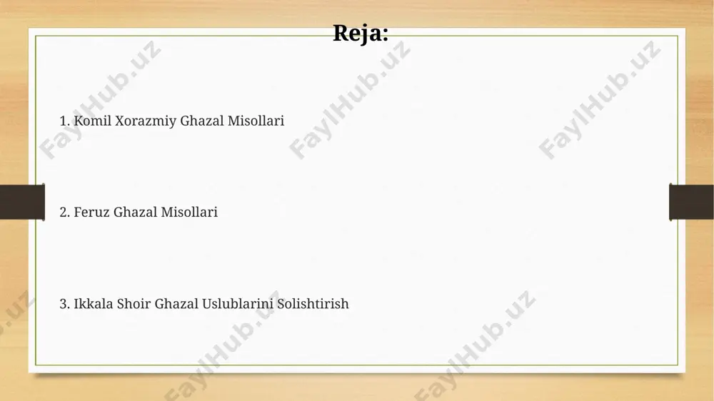 ing emotsional intensivligini oshiradi. feruz gʻazallarida, 15 ga yaqin asarda, falsafiy-tasavvufga oid xulosalar uchraydi, ular insoniy qadriyatlar, maʼnaviy kamol topish mavzusini yoritadi. ikkala shoirning ham gʻazal xulosalarida takrorlanuvchi motivlar va badiiy vositalar (masalan, metafora, tazod) kamida 5 ta asarda kuzatiladi, bu ularning individual uslubiga xosdir. komil xorazmiy ijodida vatan mavzusi komil xorazmiyning 10 dan ortiq g‘azallarida vatan, ona yurt tasviri milliy ramzlar, tarixiy voqealar, tabiat manzaralari orqali ifodalangan, shuningdek, ijtimoiy-siyosiy mavzularda ham o'z aksini topgan. xorazmiy ijodida vatan mavzusi bilan bog'liq 20 dan ziyod asar mavjud bo'lib, ular turli davrlar, milliy qadriyatlar, mustaqillik g'oyalari va insoniylik tuyg'ulari aks etgan. shoirning "vatan" nomli g‘azalida 5 baytda ona yurtga bo'lgan chuqur muhabbat, uning go'zalligi, xalqning jasorati va qahramonligi ta'sirli tarzda tasvirlangan, badiiy vositalar ustun qo'llanilgan. feruzning gʻazallari misollari feruzning gʻazal sheʼriyatida badiiy vositalar, xususan, metafora va taqqoslash sanʼatlaridan mohir va koʻp marta foydalanilgan. uning gʻazallarida “ishq”, “vasl”, “hijron”, “hayot”, “oʻlim” kabi mavzularda …