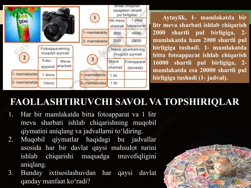 uyuk ingliz iqtisodchi olimi david rikardo tomonidan yaratilgan. 13 ingliz iqtisodchisi david rikardoning shoh asari “siyosiy iqtisod va soliq solish qoidalari” deb ataladi. rikardoni iqtisodiyot olamida adam smitdan keyingi eng taniqli olim sifatida tan olishadi. rikardoning ilmiy izlanishlari xalqaro bozordagi savdo erkinligi masalalariga qaratilgandir. u hozirgi zamon iqtisodchilari nisbiy ustunlik qoidalari deb ataydigan konsepsiyani birinchi bo‘lib ilgari surdi. rikardo olim sifatida xalqaro savdoni tariflar va boshqa sun’iy to‘siqlardan iloji boricha xoli qilish mamlakatlar iqtisodiyoti uchun foydali ekanini asoslab bergan. mamlakatda ishlab chiqarilgan tovar va xizmatlarni chet mamlakatlarga sotish eksport deb ataladi. tovar va xizmatlarni chet mamlakatlardan sotib olishga esa import deyiladi. mamlakatning import va eksport qilgan tovar va xizmatlari qiymatlarining yig‘indisi tashqi savdo hajmini aniqlaydi. tashqi savdo hajmi mamlakatning xalqaro savdo-sotiq jarayonida qanchalik ishtirok etayotganini bildiradi. mamlakatning xalqaro savdosotiqdagi ishtirokining samaradorligini import va eksport hajmlarini taqqoslash yordamida aniqlash mumkin. mamlakatning eksporti va importi hajmlari orasidagi farq tashqi savdo balansi (saldosi)ni …