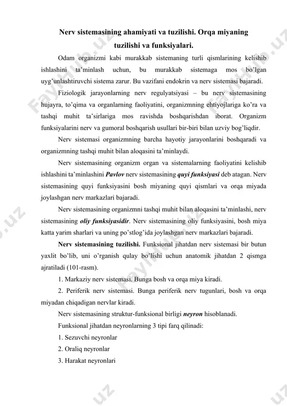 i oraliq neyronlar miyaning kulrang moddasining asosiy massasini tashkil qiladi. oraliq neyronlar sezuvchi va harakat neyronlari orasida joylashib, ularning aloqasini ta’minlaydi. harakat neyronlarida javob impulslari shakllanadi va u mushaklar va bezlarga uzatiladi. markaziy nerv sistemasi ikki asosiy: 1. reflektor va 2. o’tkazuvchanlik funksiyalarni bajaradi. 101-rasm. nerv sistemasining tuzilishi. 1 – bosh miya; 2 – orqa miya; 3 – nervlar; 4 – nerv tugunlari. refleks haqida tushuncha. nerv sistemasining funksiyasi reflekslar tarzida namoyon bo’ladi. refleks – lotincha so’z bo’lib, qayta his etish degan ma’noni bildiradi. refleks bu organizmning, har qanday ta’sirga nerv sistemasi orqali ko’rsatadigan javob reaksiyasidir. reflekslar nerv sistemasida mavjud bo’lgan reflektor yoy orqali yuzaga chiqadi. oddiy reflektor yoyi sezuvchi, oraliq va harakat neyronlaridan iborat. tizza refleksi sodda refleksga misol bo’ladi. (102-rasm) murakkab refleks bosh miya yarim sharlari po’stlog’i orqali amalga oshadi va po’stloqdagi analiz-sintezdan so’ng mazkur refleks yuzaga chiqadi yoki chiqmaydi. 102-rasm. tizza refleksi. 1 – bosh miyadan kelayotgan …
