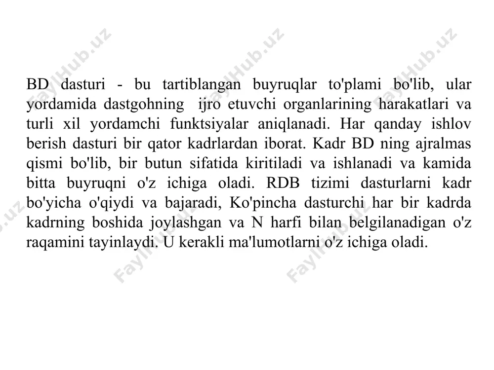 'sir qilmaydi, ammo ular shunga qaramay zarur. boshqaruv qurilmasi xotirada bir dasturni boshqasidan ajrata olishi uchun bunday kadrlar uchun raqamlarni belgilashga ruxsat berilmaydi. boshqarish dasturi juda ko'p turli xil kadrlardan iborat. o'z navbatida, har bir bd kadri ma'lumotlar so'zlaridan iborat. ma'lumotlar so'z manzil (harf) va unga bog'liq bo'lgan raqamdan tuziladi.masalan, y manzil y o'qiga ishora qiladi va manzildan keyingi raqam bu o'q bo'ylab koordinatalarni bildiradi. g yoki m kodiga ishora qiluvchi raqamda nol (raqam oldidan nol) bo'lishi shart emas, masalan g01, g02, g03 va hokazo. g01 x3 y3 – bd kadri ; g – adres; 01 – son; g01 – ma`lumot so`zi (g-код); x – manzil; 3 – son; x3 –ma`lumot so`zi; y –manzil; 3 – son; y3 – ma`lumot so`zi. modal va modal bo'lmagan kodlarbarcha dastgoh kodlarini boshqaruv apparati xotirasida saqlash qobiliyatiga qarab ikki sinfga bo‘lish mumkin. modalmas kodlar faqat birta ,o`zi joylashgan kadrda amal qiladi. aksincha, modal kodlar …
