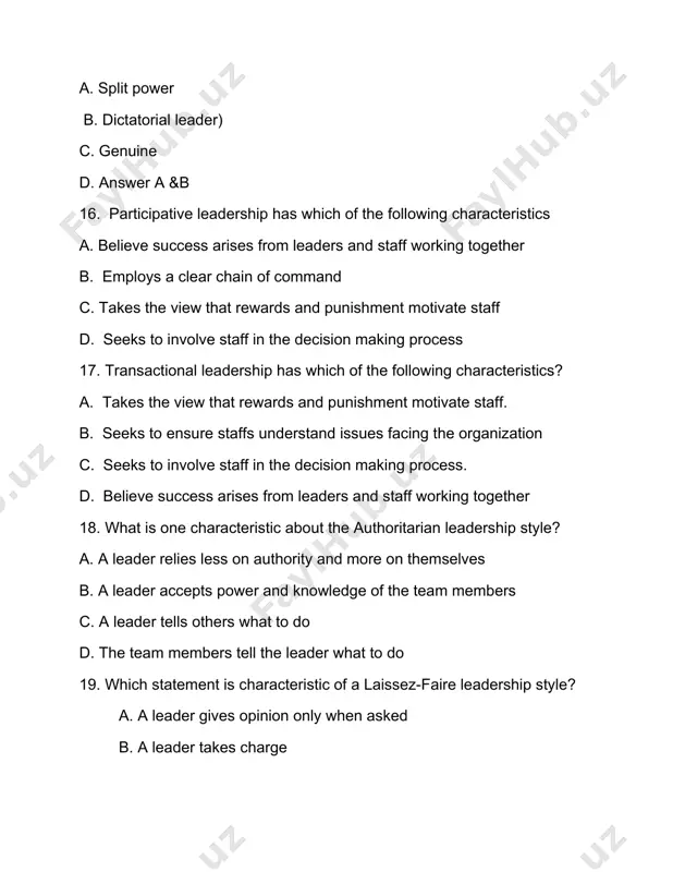 ve style of leadership c) direct style of leadership d) delegating style of leadership 26. which of the following is false regarding participative style of leadership? a) leader assigns work to the workforce b) leader provides guidance during the work process c) leader makes decision based on the conclusions made by the workforce d) leader doesn’t assign any task to its workforce 27. in consultative style of leadership, the _______ is the final decision maker. a) leader b) workforce c) founder d) co-founder 28. in which of the following kind of leadership style the individual or team is given responsibility and authority to complete the task with minimum input from the leader? a) directing style of leadership b) consultative style of leadership c) participative style of leadership d) delegating style of leadership 29. which values does an effective leader focus on? a) trust and respect of individuals b) openness c) …