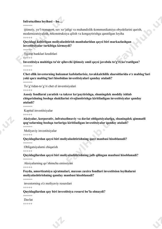 ndlari investitsion loyihalarni moliyalashtirishning qanday manbasi hisoblanadi? ===== investorning o'z moliyaviy resurslari +++++ quyidagilardan qay biri investitsiya resursi bo’la olmaydi? ===== davlat +++++ qurilish tashkiloti bilan buyurtmachi o’rtasida tuziladigan shartnoma qanday nomlanadi ===== pudrat shartnomasi +++++ investitsiya oldi tadqiqotlariga qaysi bosqich kirmaydi? ===== loyihani ishga tushirish +++++ investitsiya loyihasining ekspluatatsiya bosqichida nimalar amalga oshiriladi? ===== loyiha ishga tushib, mahsulot ishlab chiqara boshlaydi +++++ o’zbekiston respublikasining “investitsiyalar va investitsiya faoliyati to’g’risida”gi qonuniga ko’ra investitsiya shartnomasi - …. ===== investitsiya faoliyati subyektlari o‘rtasida tuziladigan, investitsiya shartnomasi taraflarining huquqlari, majburiyatlari va javobgarligini belgilaydigan yozma bitim +++++ yirik investitsiya loyihalarini birgalikda moliyalashtirishni tashkil etish usullaridan biri qanday ataladi? ===== sindikatli kreditlash +++++ lizingning asosiy turlari qaysi javobda ko’rsatilgan? ===== operativ va moliyaviy +++++ mamlakatimizda lizing beruvchi sifatida kimlar qatnashadi? ===== lizing kompaniyalari va tijorat banklari +++++ mamlakatning ma’lum regioniga kiritiladigan investitsiyalarning samaradorligini va xavfsizligini ta’minlashga qaratilgan iqtisodiy, ijtimoiy va siyosiy shart-sharoitlar majmuasi qanday ataladi? …