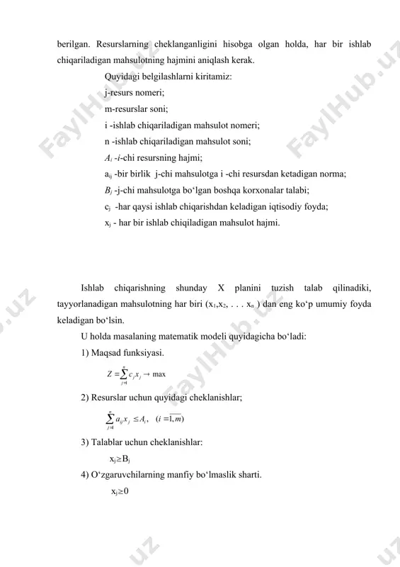 da 3$. savdo karxonasiga maksimal foyda olib keluvchi, tovarlar sotilishining optimal planini aniqlang. resurslar bir birlik tavarga ketadigan resurs normasi resurslar hajmi а в 1 2 3 4 2 1 4 0 2 2 0 4 12 8 16 12 2.sex ikki xil mahsulot ishlab chiqaradi. birinchi mahsulotning bir birligini tayyorlash uchun ishchi 2 soat, ikkinchisining bir birligini tayyorlash uchun 3 soat sarflaydi. bir birlik birinchi mahsulotni sotishdan korxona 8$, ikkinchisining bir birligidan 6$ foyda ko‘radi. sex birinchi mahsulotdan 100 dan, ikkinchisidan esa 200 dan kam bo‘lmagan sonda chiqarishi lozim. agar ishlab chiqaruvchi ishchilarning ish vaqti fondi 900 odam/soat bo‘lsa, sex yuqori foyda olishi uchun birinchi va ikkinchi mahsulotdan qanchadan ishlab chiqarishi kerak bo‘ladi. 3.korxona uch turdagi mahsulot ishlab chiqaradi. uning bir oylik dasturi birinchidan 2000, ikkinchidan 1800 va uchunchidan 1500. mahsulotlarni ishlab chiqarishda bir oyda eng kami 61000 kg. material ishlatadi. birinchi mahsulotning bir birligi uchun 8 kg, ikkinchisi …