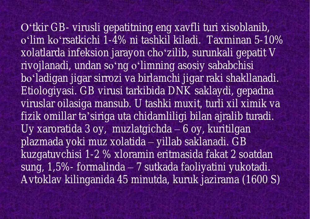 ni kodlovchi pre-c kismi bilan boglik bulib, organizm anti – nvs ishlab chiksada, hbeag –ni ekspressiyasini yukolishiga olib keladi. bu xolda hbsag xosil bulishi buzilmaydi, demak virus replikatsiyasi saklanadi. hbv ni shunday variantlari tabiiy evolyusion jarayonlar, masalan interferonlar bilan davolash natijasida seleksiyalanganligi ta’kidlanmokda. ayrim mualliflar fikricha, hbeag – negativ gbni paydo bulishi surunkali jarayon kuprok shakllanishiga va interferonlarga rezistentlik xosil bulishiga olib keladi. virusni xamma antigenlari va tegishli antitelalari infeksion jarayonni turli boskichlari indikatorlari bulib xizmat kiladi. hbsag – insonni vgb ni yuktirganligini markeri bulib xisoblanadi. u kasallik yukkanidan 4-6 xaftadan sung, ya’ni yashirin davrda (klinik belgilar yuzaga kelishidan 25-30 kun avval), shuningdek sariklik oldi davri va gepatitni utkir davri mobaynida aniklanadi, kupchilik bemorlarda hbsag rekonvalessensiya davrida yukoladi, ammo ayrim bemorlarda u kasallik boshlanganidan keyin oylab, xatto yillab aniklanadi. yuzaki antigeniga karshi antitelalar (anti- hbs) kup xollarda hbsag yukolgandan sung uzok muddatlarda, ya’ni kasallikning tuzalish davrida aniklana boshlanadi. antigen yukolib, …
