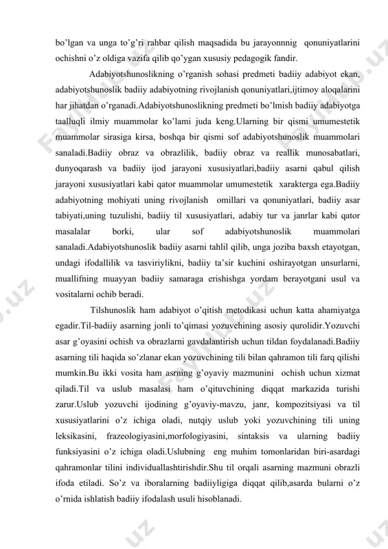h uchun tildan foydalanadi.badiiy asarning tili haqida so’zlanar ekan yozuvchining tili bilan qahramon tili farq qilishi mumkin.bu ikki vosita ham asrning g’oyaviy mazmunini ochish uchun xizmat qiladi.til va uslub masalasi ham o’qituvchining diqqat markazida turishi zarur.uslub yozuvchi ijodining g’oyaviy-mavzu, janr, kompozitsiyasi va til xususiyatlarini o’z ichiga oladi, nutqiy uslub yoki yozuvchining tili uning leksikasini, frazeologiyasini,morfologiyasini, sintaksis va ularning badiiy funksiyasini o’z ichiga oladi.uslubning eng muhim tomonlaridan biri-asardagi qahramonlar tilini individuallashtirishdir.shu til orqali asarning mazmuni obrazli ifoda etiladi. so’z va iboralarning badiiyligiga diqqat qilib,asarda bularni o’z o’rnida ishlatish badiiy ifodalash usuli hisoblanadi. adabiyotlar 1.karimov i. yuksak ma’naviyat- yengilmas kuch. t., 2008 2.barkamol avlod orzusit.,2000. 3.karimov n. xx asr adabiyoti manzaralari.t.: “o’zbekiston”,2008 4.zunnunov a. hotamov n. adabiyot o’qitish metodikasi. t., 1992 5.dolimov s. ubaydullayev h. adabiyot o’qitish metodikasi. t., 1967 6.yo’ldoshev q. adabiyot o’qitishning ilmiy-nazariy asoslari. t., 1996 7 .to’xliyev b.adabiyot o’qitish metodikasi.t., 2006. 8.yo’doshev q. yoniq so’z. t.: “yangi asr avlodi”, …