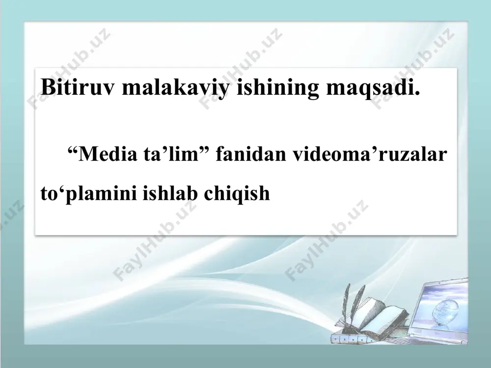 monitor, videokamera, mikrafon o‘qitish shart - sharoitlari internet tarmog‘i ulangan multimediali zamonaviy kompyuterlar bilan ta’minlangan auditoriya iv bob. hayot faoliyati xavfsizligi. ekologiya 1. mexnat muxofazasi soxasida nazorat organlari 2. kasb kasalligini oldini olish va shaxsiy gigiena xulosa bitiruv malakaviy ishida adobe premier pro, vn dasturlari asosida “media ta’lim” fanidan video darslik to‘plami ishlab chiqildi va youtube tarmog’iga foydalanish uchun joylashtirildi. ishlab chiqilgan video darslar o‘rganib chiqilib quyidagi natijalar olindi: multimediali o‘qitish vositalari va ularni ta'lim tizimida qo‘llash usullari taxlil qilindi; youtube ijtimoiy tarmog’iga videoma’ruzalar yuklandi; e’tiboringiz uchun raxmat! image2.png image3.png image4.png image1.jpeg /docprops/thumbnail.jpeg