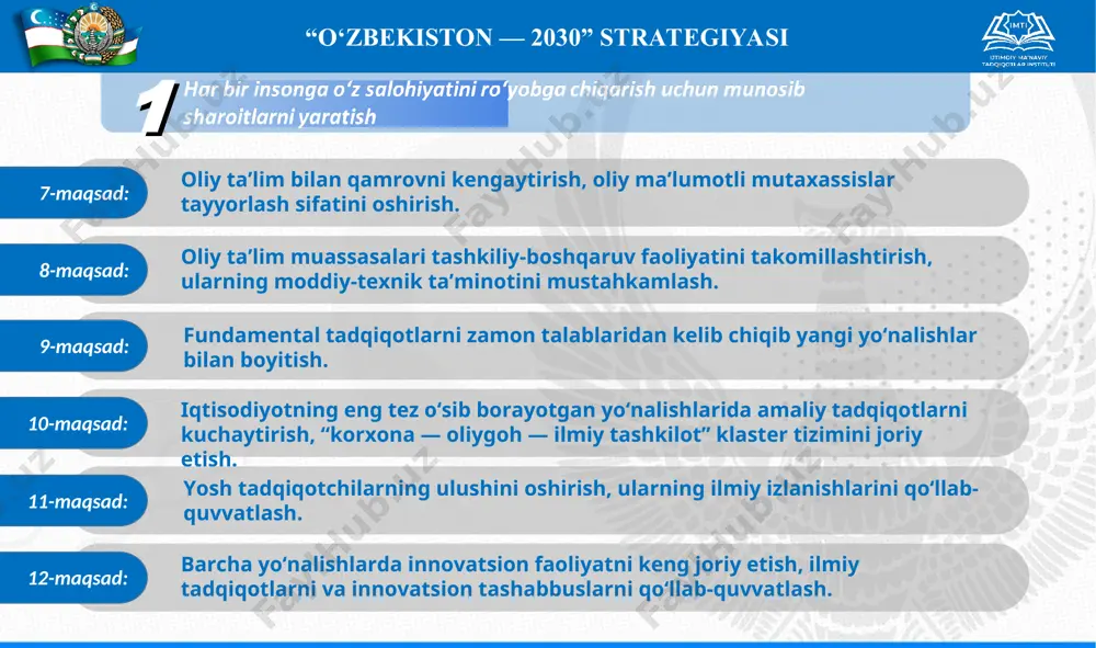 maqsad: iqtisodiyot tarmoqlari va aholini zarur energiya resurslari bilan uzluksiz ta’minlash. 53-maqsad: o‘zbekiston respublikasining global transport-logistika tarmoqlariga integratsiyasini chuqurlashtirish va milliy transport tizimining salohiyatini oshirish. 54-maqsad: qishloq xo‘jaligida hosildorlik va rentabellik darajasini keskin oshirish. 55-maqsad: milliy iqtisodiyotning eksport salohiyatini kuchaytirish va uning tarkibida qo‘shilgan qiymati yuqori bo‘lgan mahsulotlar ulushini keskin oshirish. 56-maqsad: monopol sohalarni bozor tamoyillariga izchil o‘tkazish, iqtisodiyotda xususiy sektor ulushini oshirish, tadbirkorlarga erkin faoliyat yuritishi uchun eng qulay sharoitlar yaratish. * “o‘zbekiston — 2030” strategiyasi 2 57-maqsad: raqamli texnologiyalarni rivojlantirgan holda mamlakatni mintaqaviy “it-nub”ga aylantirish. 58-maqsad: o‘zbekistonda tashqi va ichki turizmni rivojlantirish uchun keng sharoitlar yaratish orqali sayyohlar sonini oshirish. 59-maqsad: hududlarda xizmatlar sohasini jadal rivojlantirish. 60-maqsad: hududlarni kompleks rivojlantirish, urbanizatsiya strategiyasini amalga oshirish, aholini arzon uy-joy bilan ta’minlash darajasini oshirish. 61-maqsad: infratuzilma loyihalarini barqaror va uzoq muddatli moliyalashtirish manbalari bilan ta’minlash. * “o‘zbekiston — 2030” strategiyasi 3 62-maqsad: respublikada suvdan oqilona foydalanish madaniyatini va suv ishlatish samaradorligini …
