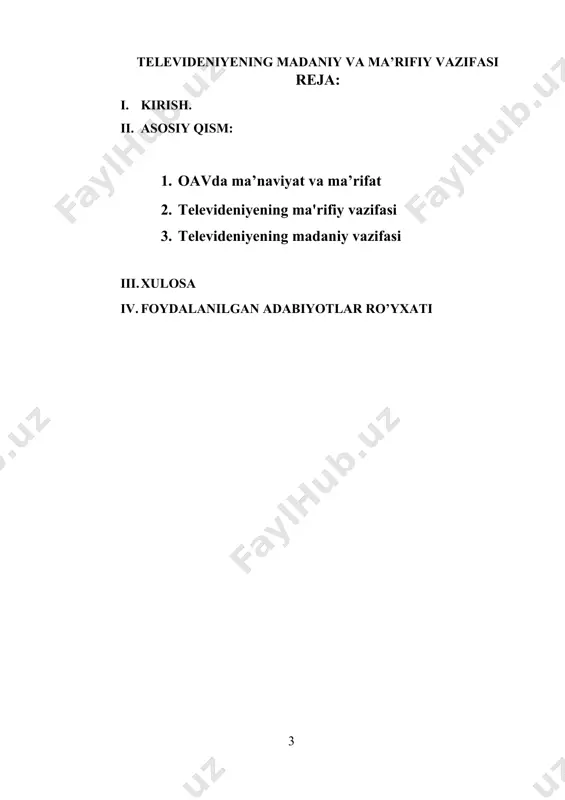 arli oqimlar bizning yurtimizga ham shiddat bilan yopirilib kirishi, yoshlarimizni o’z girdobiga tortib ketishini, oqibatda ularni ota-ona, oila, el-yurt oldidagi burchi va ma’suliyatini o’ylamaydigan, faqat bir kunlik hayot bilan yashaydigan xudpisand kimsalarga aylanib qolishi mumkinligini tassavvur qilish qiyin emas. mana shu achchiq haqiqatni yurtimizdagi har bir, inson har qaysi ota-ona, eng muhimi, har qaysi yigit-hiz chuqur anglab olishini istardim. takror aytishga to’g’ri keladi ota-onalar, ustoz-murabbiylar bu masalada xushyorlikni yuqotmasligimiz, yoshlar tarbiyasida aslo beparvo bo’lmasligimiz zarur”[footnoteref:2]- deb ta’kidlaydi. [2: ”yuksak ma’naviyat yengilmas kuch” 13 bet. ] darhaqiqat, yoshlar ma’naviyati qanchalik yuksak bo’lsa u shunchalik yengilmas kuchga aylanadi. kurs ishidan ko’zlangan maqsad va vazifalar. yoshlarni yangicha tafakkur, sog’lom fikr yuritishi va ma’naviy-axloqiy jihatdan yetuk bo’lib kamol topishida oila, mahalla, ta’lim muassasalari, televideniye, matbuot va keng jamoatchilikning o’rni beqiyosdir. ma'lumki, biz boshimizdan kеchirgan sobiq mustabid tuzum davrida milliy ma'naviyatni rivojlantirishga mutlaqo yo’l qo’yilmagan. aksincha, xalqimizning tabiati, yashash tarziga yot bo’lgan kommunistik mafkurani har …