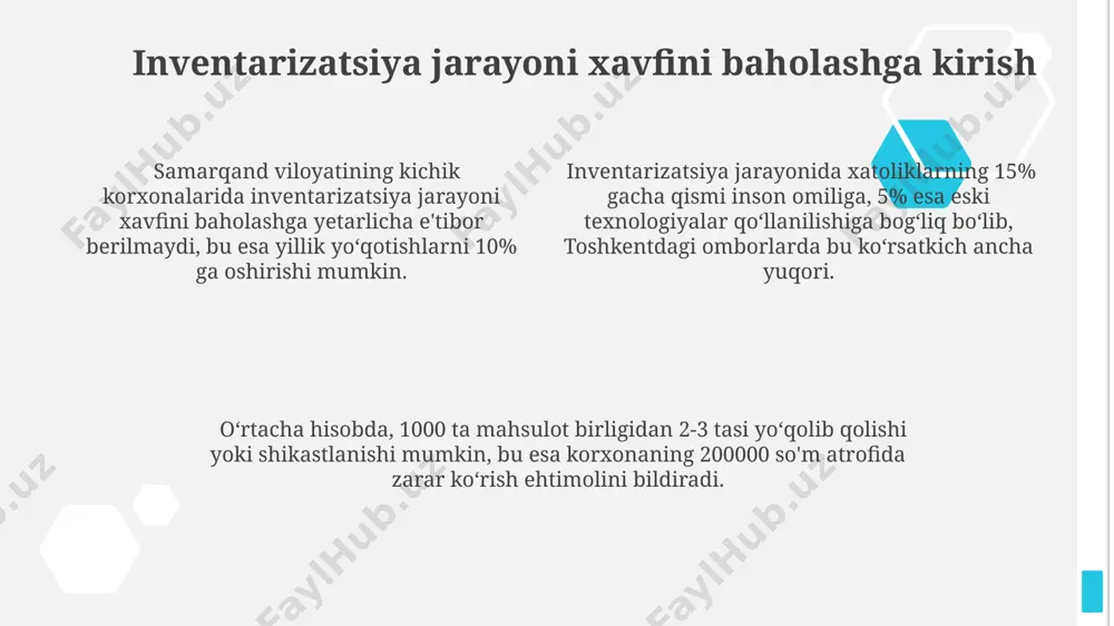 (masalan, o'g'irlik, buzilishlar, eskirish) aniqlash va har biri uchun ehtimollik darajasini (1-5 ball) va ta'sirini (1-10 million so'm) baholashni samarqand viloyati omborida amalga oshirishni o'z ichiga oladi. rejada 3 ta turli xavfni kamaytirish strategiyasi (masalan, qo'shimcha xavfsizlik kamerasi o'rnatish, inventarizatsiya tizimini takomillashtirish, xodimlarni o'qitish) va har bir strategiya uchun 2024-yil uchun taxminiy byudjet (10-50 million so'm oralig'ida) ko'rsatilgan. xavfni boshqarish rejasida toshkent shahridagi 2 ta mutaxassisdan iborat audit guruhi tomonidan yillik tekshiruvlar o'tkazish va 7 kun ichida xavflarga javob berish mexanizmini ishga tushirish rejalashtirilgan. inventarizatsiya jarayonini aniqlash va chegaralash inventarizatsiya, 3 bosqichdan iborat bo'lib, har bir bosqichda kamida 2 nafar xodimlar ishtirok etadi va bu jarayonning xatoliklarsiz amalga oshirilishi uchun aniq mezonlar belgilanadi. inventarizatsiya jarayoni, toshkentdagi 5 ta ombor va 2 ta do'konni o'z ichiga olib, 10 000 dan ortiq mahsulot birligini qamrab oladi va bu jarayonning aniq chegaralanishini talab qiladi. samarqand viloyatidagi filialning inventarizatsiya jarayoni, boshqa filiallarga nisbatan 20% …