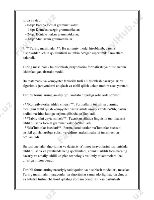 ini beradi. 6. **davlat boshqaruvi va ma'muriy xizmat**: davlat tashkilotlari va muassasalarida kadrlar, ma'lumotlar, va jarayonlarning boshqarilishi qattiq reglament va formatlar bilan ta'minlanadi. bu davlat xizmatlari samaradorligini oshirishga va transparencyani ta'minlashga yordam beradi. masalan, davlat xizmatlari agentliklari ma'lumotlarni yig'ish va saqlashda tartibli formatlarga amal qilishadi, bu esa axborotni izlash va tahlil qilishni osonlashtiradi. yuqorida keltirilgan misollar tartibli formalarning turli sohalar va hayot jabhalaridagi ahamiyatini ochib beradi. ular orqali nafaqat axborotni to'lash va tarqatish, balki boshqa ko'plab jarayonlarning samaradorligi ta'minlanadi. tajribali mutaxassislar va yetakchi hakamlar tomonidan tasdiqlangan formatlar ishlab chiqilishi va ularning amaliyotda to'g'ri tatbiq etilishi kamroq xatolarga va yuqori sifatli natijalarga olib keladi. tartibli formatlar madaniy anglashuvni ham oshiradi, chunki turli milliy, ijtimoiy va iqtisodiy tuzilmalar o'rtasidagi kelishuvlar sifatli va tushunarli shaklda qayd etiladi. 3. tartibli formalarning turkumlari "tartibli formalarning turkumlari" mavzusi bo'yicha ma'lumotlar: **tartibli formalar** haqida gapirganda, bu matematikada va boshqa ilmiy sohalarda keng ko'lamli qo'llaniladigan tushunchani anglatadi. tartibli …