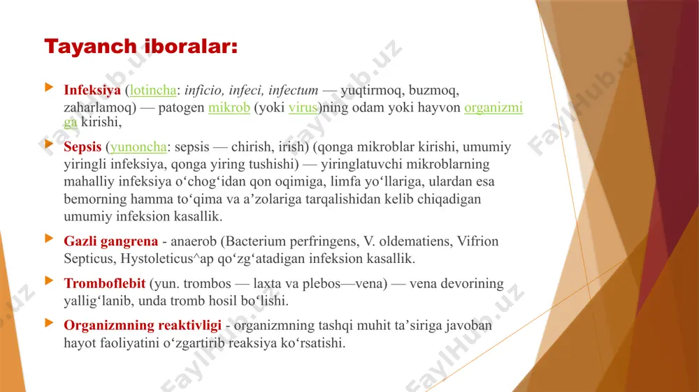 p qon quyilishi, ichki a'zolarda degenerativ o'zgarishlar, shuningdek sepsis (ikkilamchi metastazlar bilan kechgan hollarda) teri osti biriktiruvchi to'qimasida, a'zolarda yoki bo'shliqlarda ko'pdan-ko'p abssesslar aniqlanadi. bunda o'lim yuz berib, bemor jasadi darhol chiriy boshlaydi, gemoliz va to'qimalar imbibitsiyasi paydo bo'ladi. ichki a'zolarning hammasida ko'pgina abssesslarni kuzatish mumkin. kasallik patogenezida quyidagi 3 asosiy komponent muhim o'rin tutadi: 1) mikrobiologik omil (sepsis qo'zg'atuvchisi); 2) infeksiya kiradigan darvoza (birlamchi yallig'lanish o'chog'i) 3) organizmning sepsis mikroflorasi reaktivligi, uning allergizatsiyasi va sensibilizatsiyasidir. ushbu omillarning birgalikdagi faoliyati va o'zaro ta'siri sepsisning rivojlanishi va kelgusidagi holatini, shuningdek uning rivojlanish tezligi va shaklini (yashin tezligidagi turidan tortib, surunkali sepsisgacha) aniqlashga imkon beradi. patogenetik davolashning asosiy qoidalari: 1. organizmning immunobiologik reaktivligini oshirish. bemorga oqilona sanitariya-gigiyena rejimi va sharoitlar (oqilona kim tartibi, gigiyenik vannalar, og'iz bo'shlig'ini yuvib, tozalab turish va h.k.)ni yaratish kerak. 2. to'qima gipoksiyasini yo'qotishning eng qulay usuli giperbarik oksigenatsiya o'tkazish. 4. organizmni dezintoksikatsiya qilish (mikrob toksinlarini va yemirilgan …